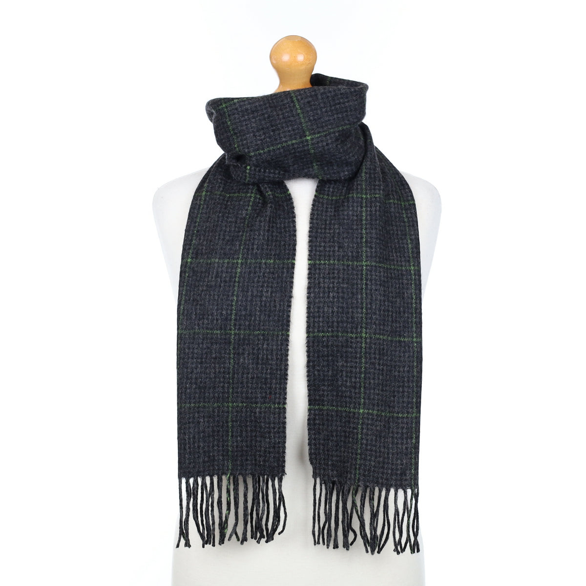 Charcoal Grey and Green Checked Woven Cashmere Scarf