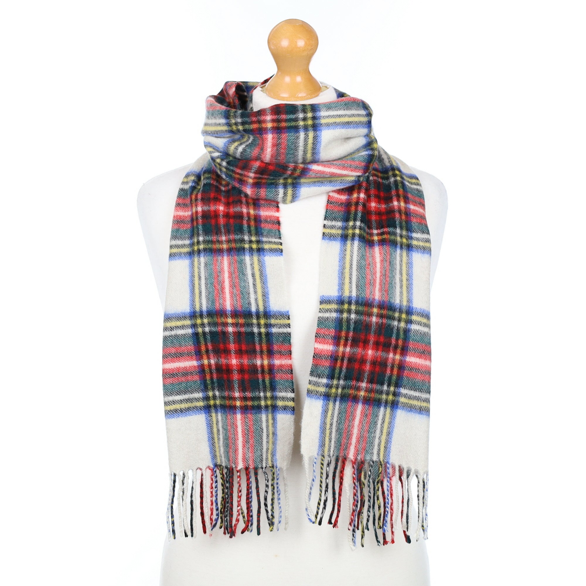 Cream Blue and Red Plaid Woven Cashmere Scarf