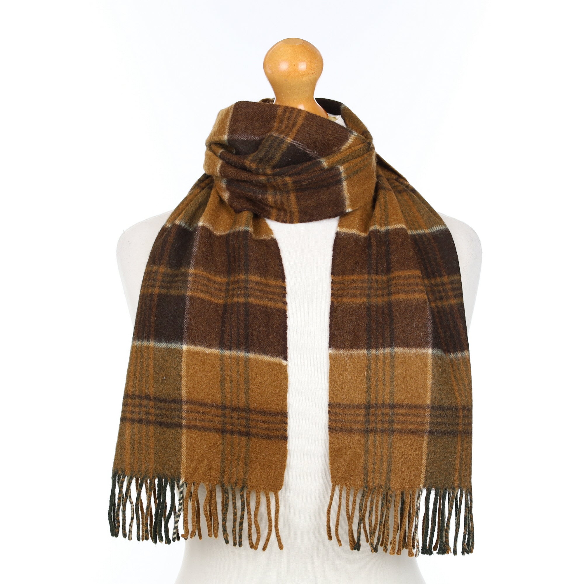 Brown and Green Plaid Woven Cashmere Scarf