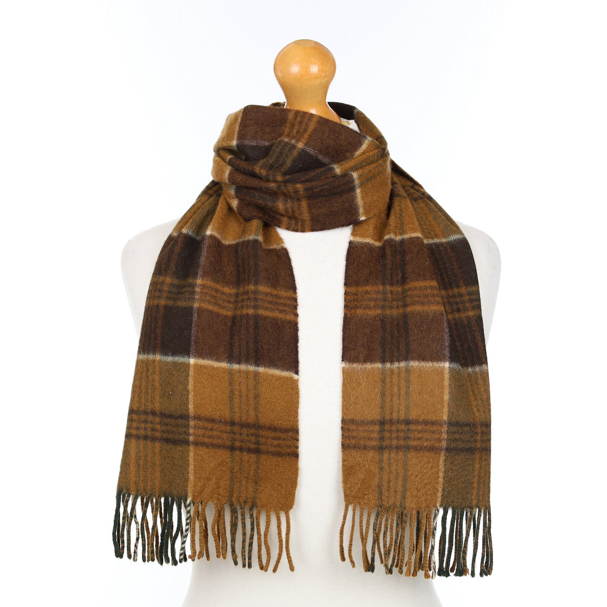 Brown and Green Plaid Woven Cashmere Scarf