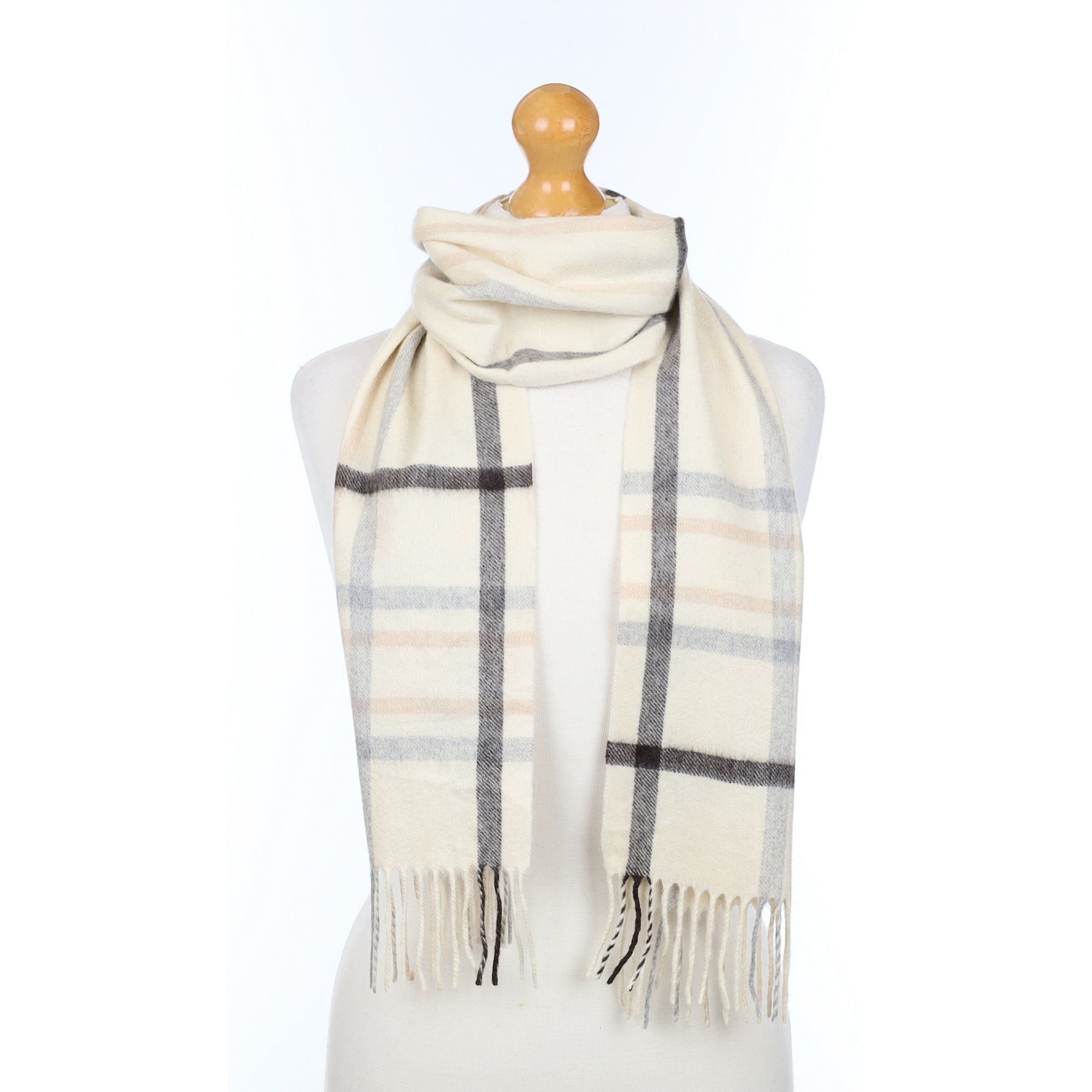 Cream Grey and Pink Plaid Woven Cashmere Scarf
