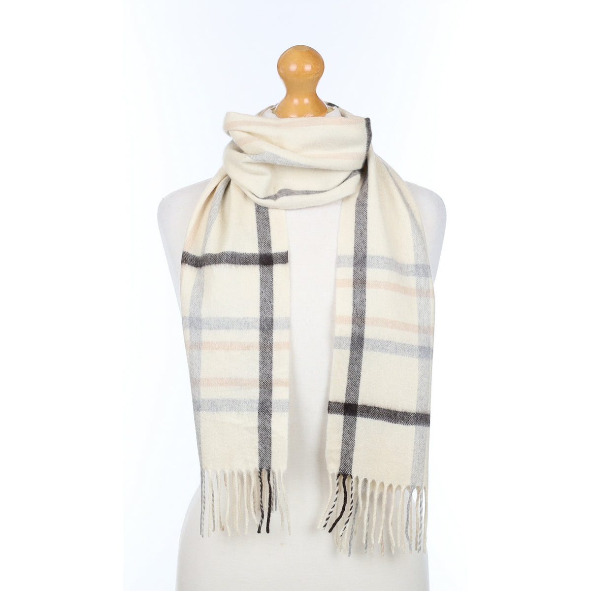 Cream Grey and Pink Plaid Woven Cashmere Scarf