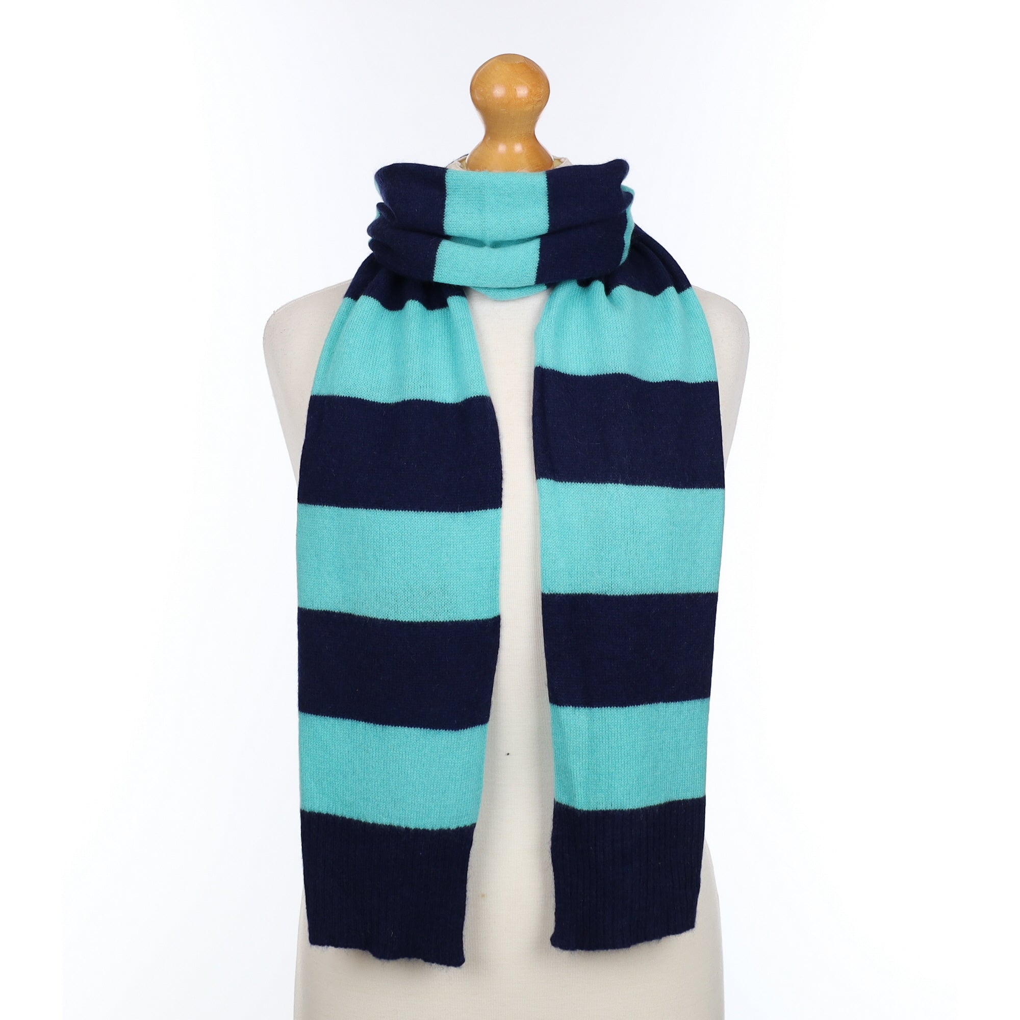 Navy Blue and Aqua Knitted Cashmere Scarf