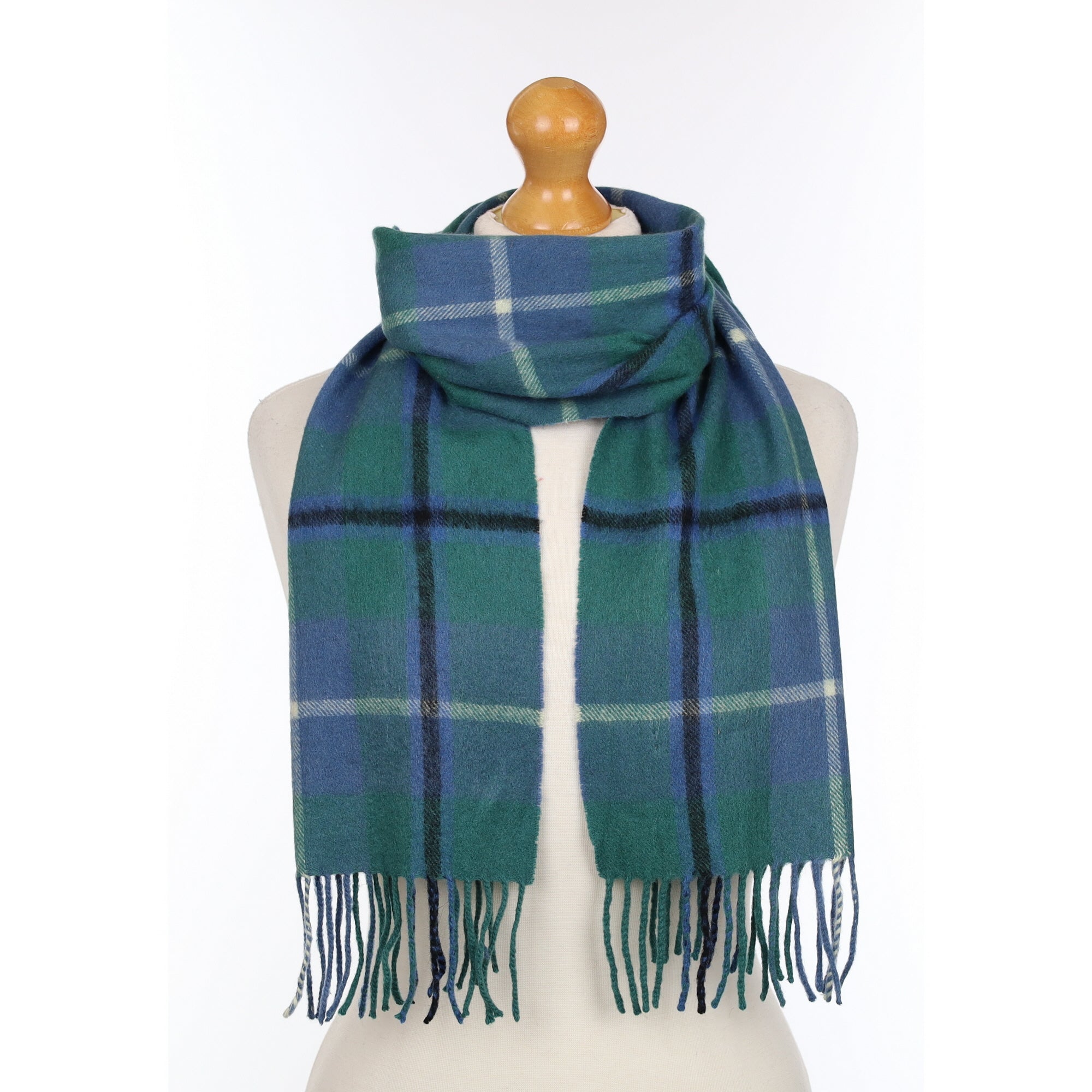 Blue Green and Black Checked Woven Cashmere Scarf