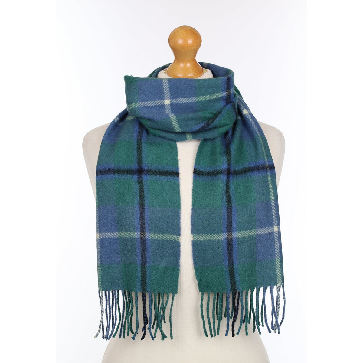 Blue Green and Black Checked Woven Cashmere Scarf
