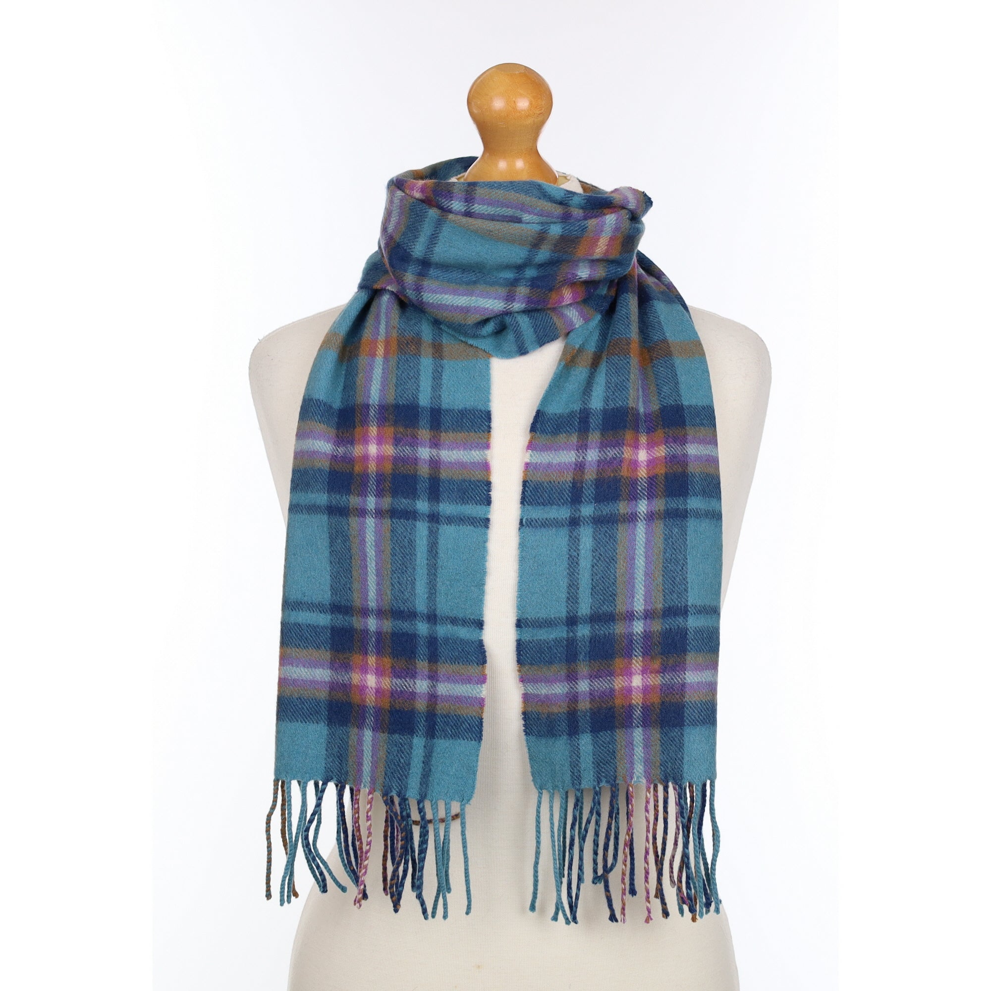 Blue Brown and Purple Plaid Woven Cashmere Scarf