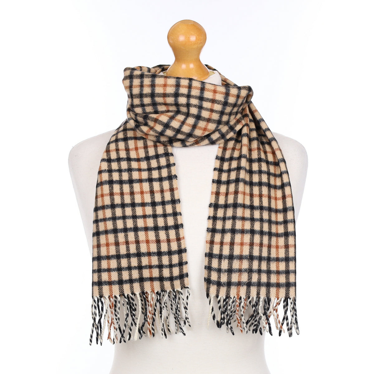 Beige and Black Checked Woven Cashmere Scarf