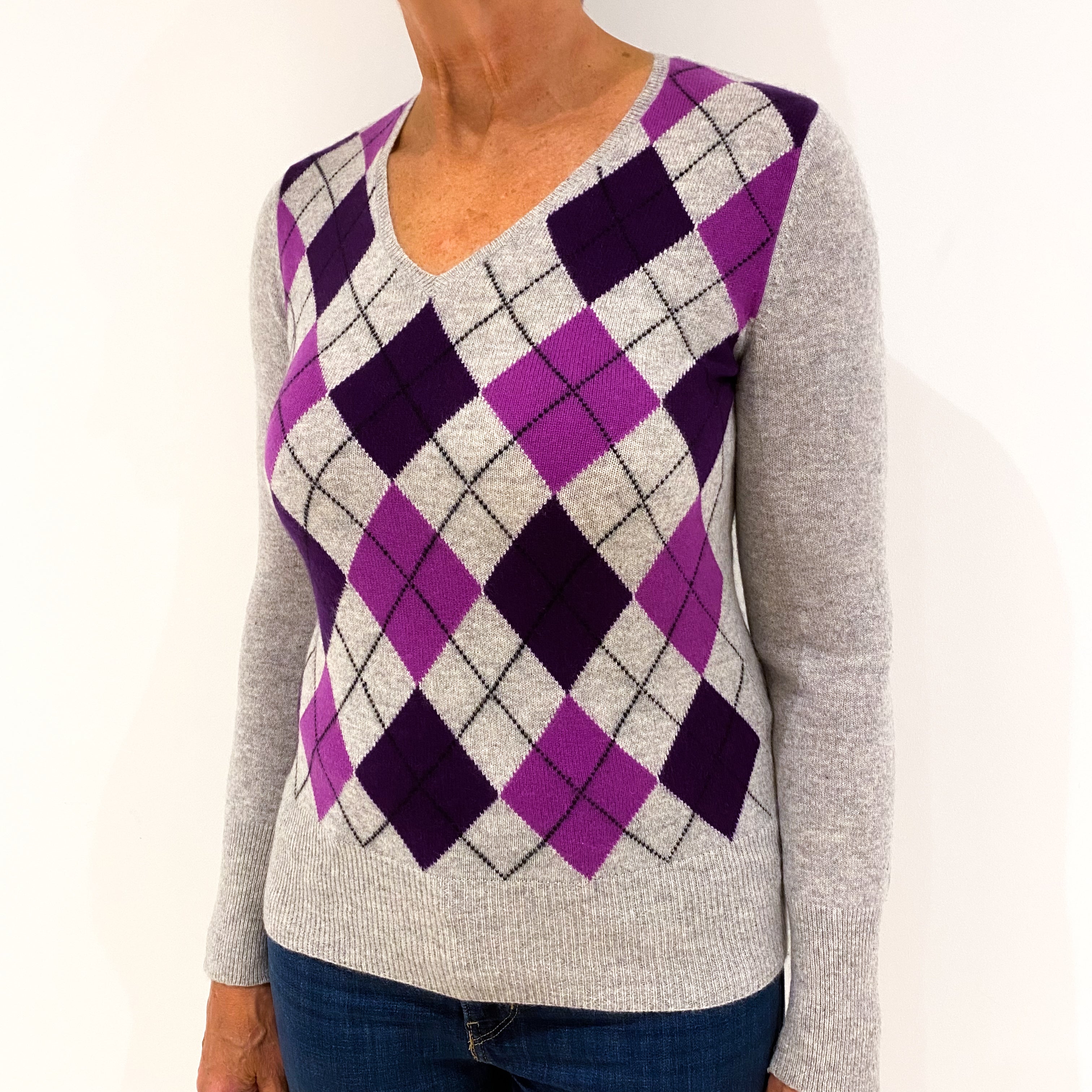 Smoke Grey Purple Argyle Cashmere V-Neck Jumper Medium