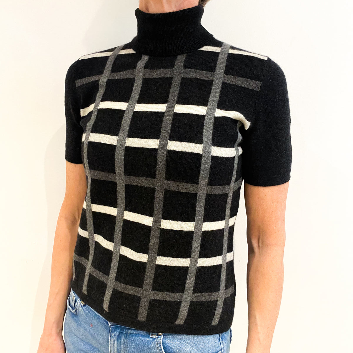 Italian Charcoal Grey Cashmere Polo Neck Short Sleeved Jumper Small