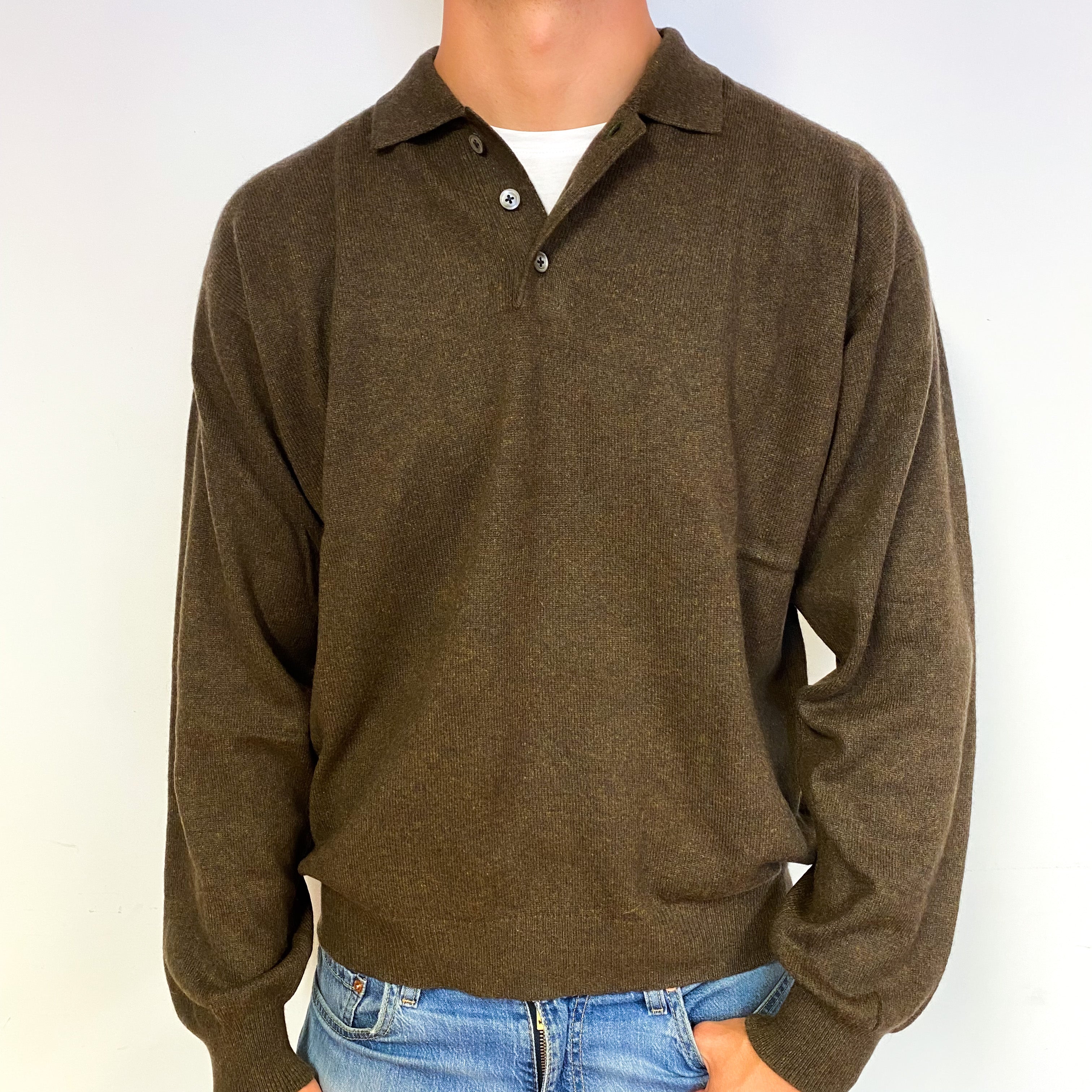 Men's Forest Green Marl Cashmere Quarter Button Jumper Extra Extra Large