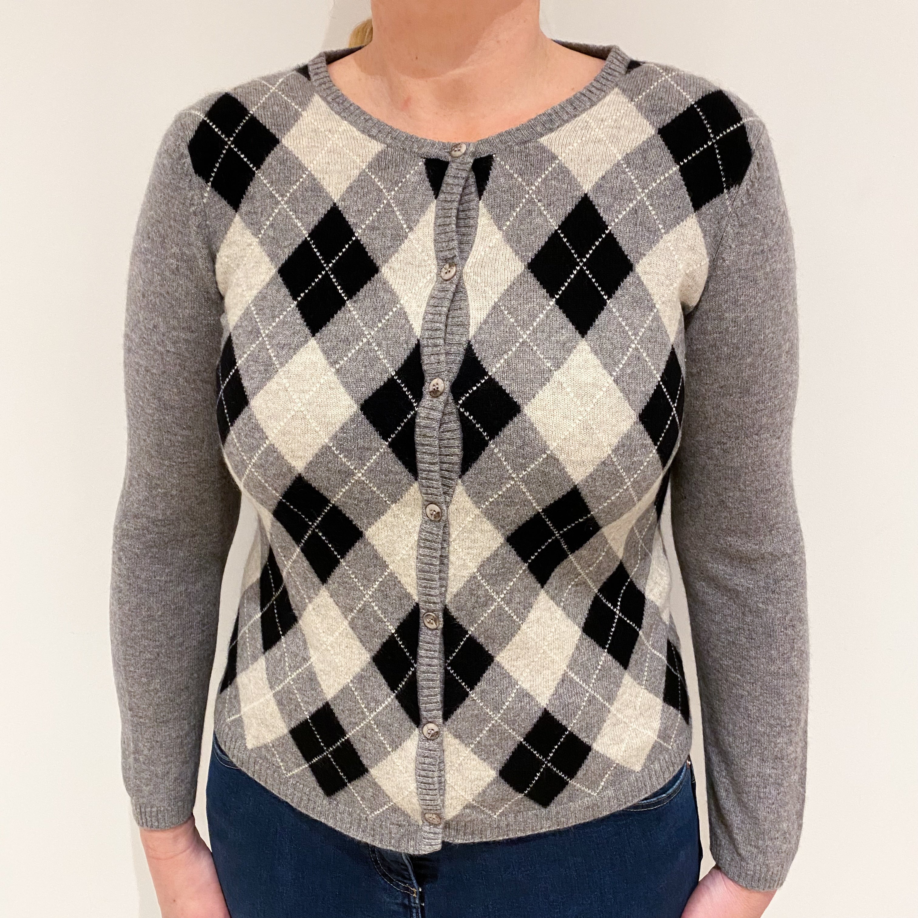 Grey and Black Argyle Cashmere Crew Neck Cardigan Large