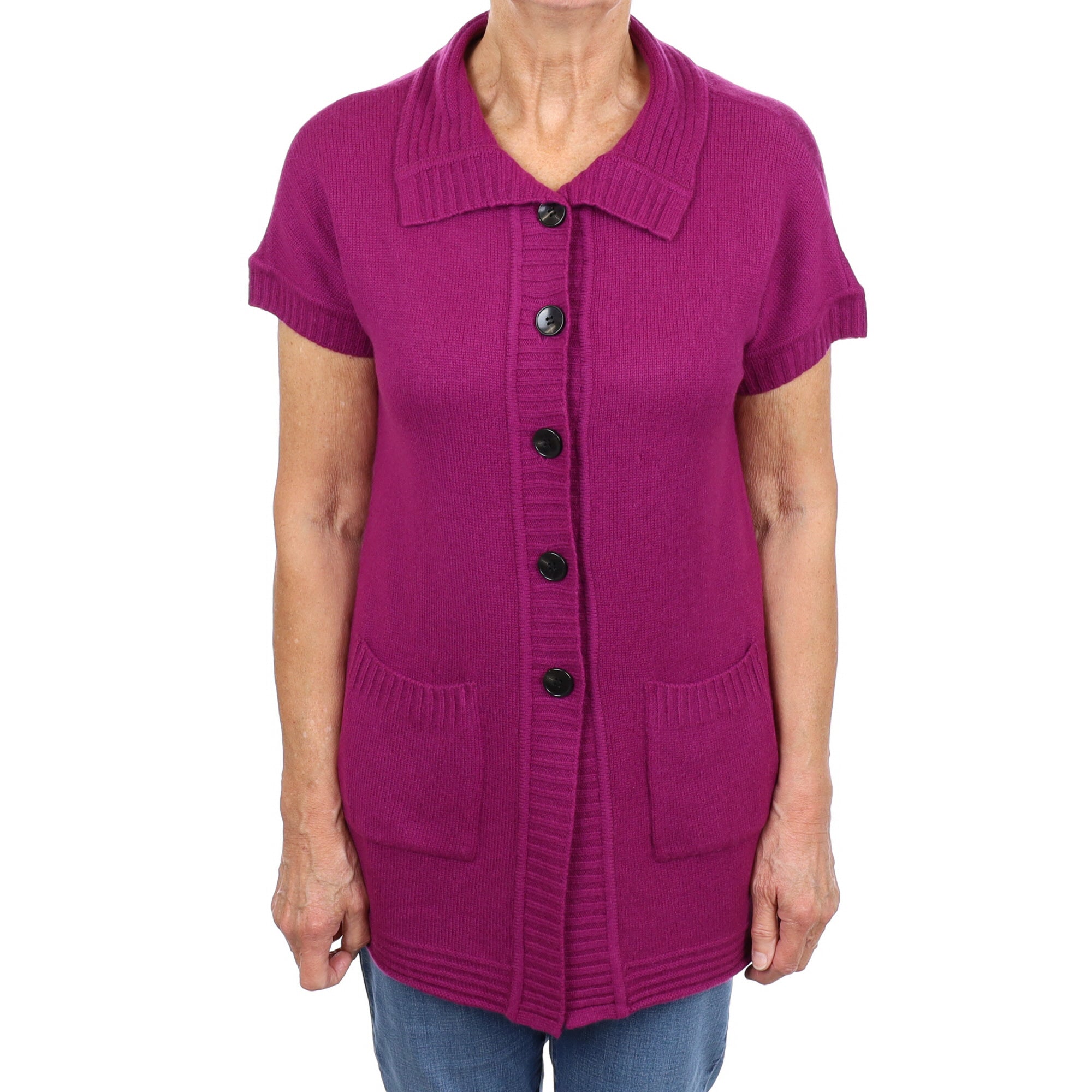 Magenta Purple Cashmere Collared Neck Short Sleeved Cardigan Medium