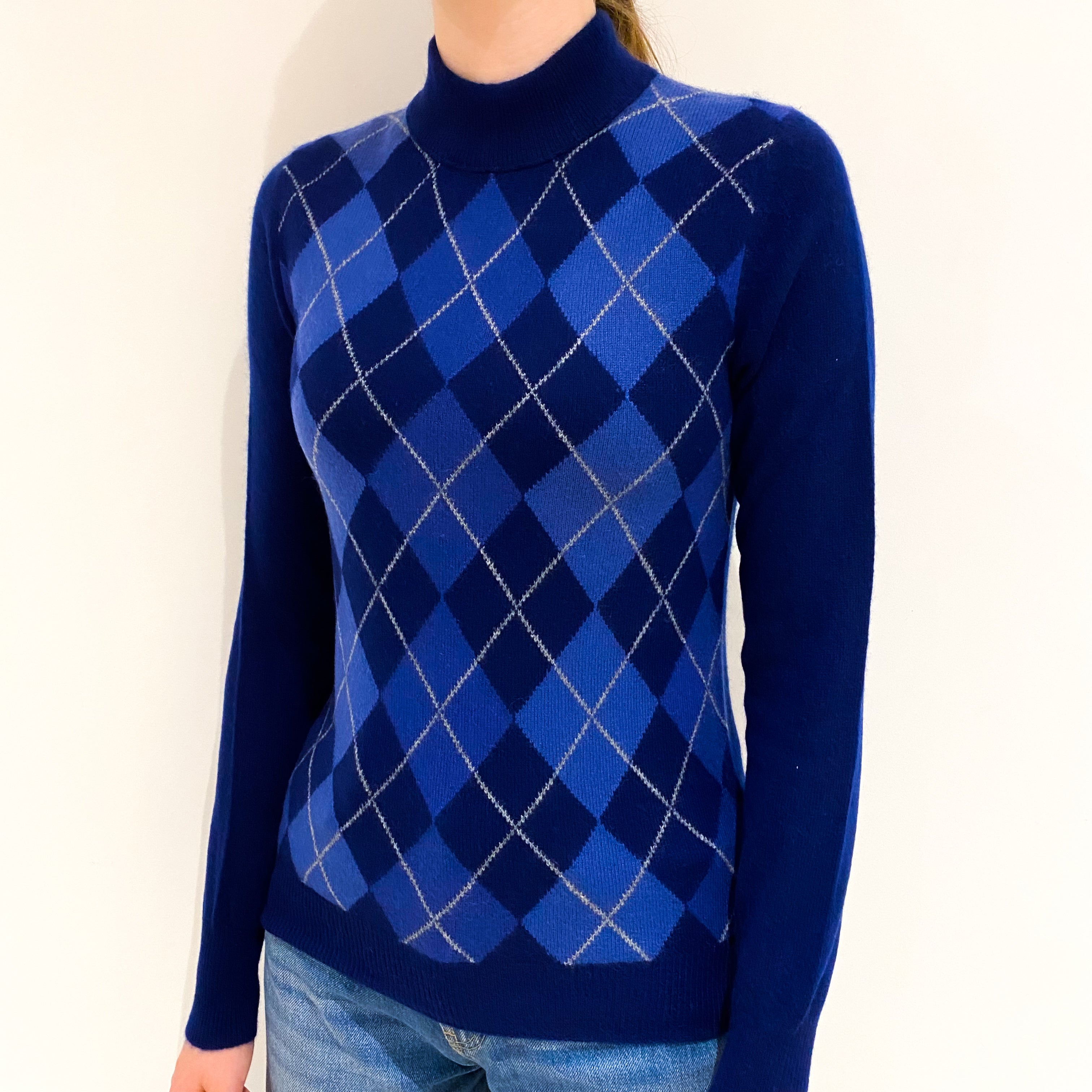 French Navy Blue Argyle Front Cashmere Turtle Neck Jumper Extra Small