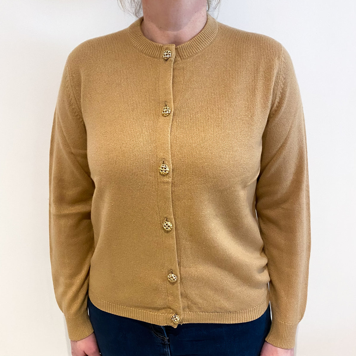 Vintage Scottish Camel Brown Cashmere Crew Neck Cardigan Large