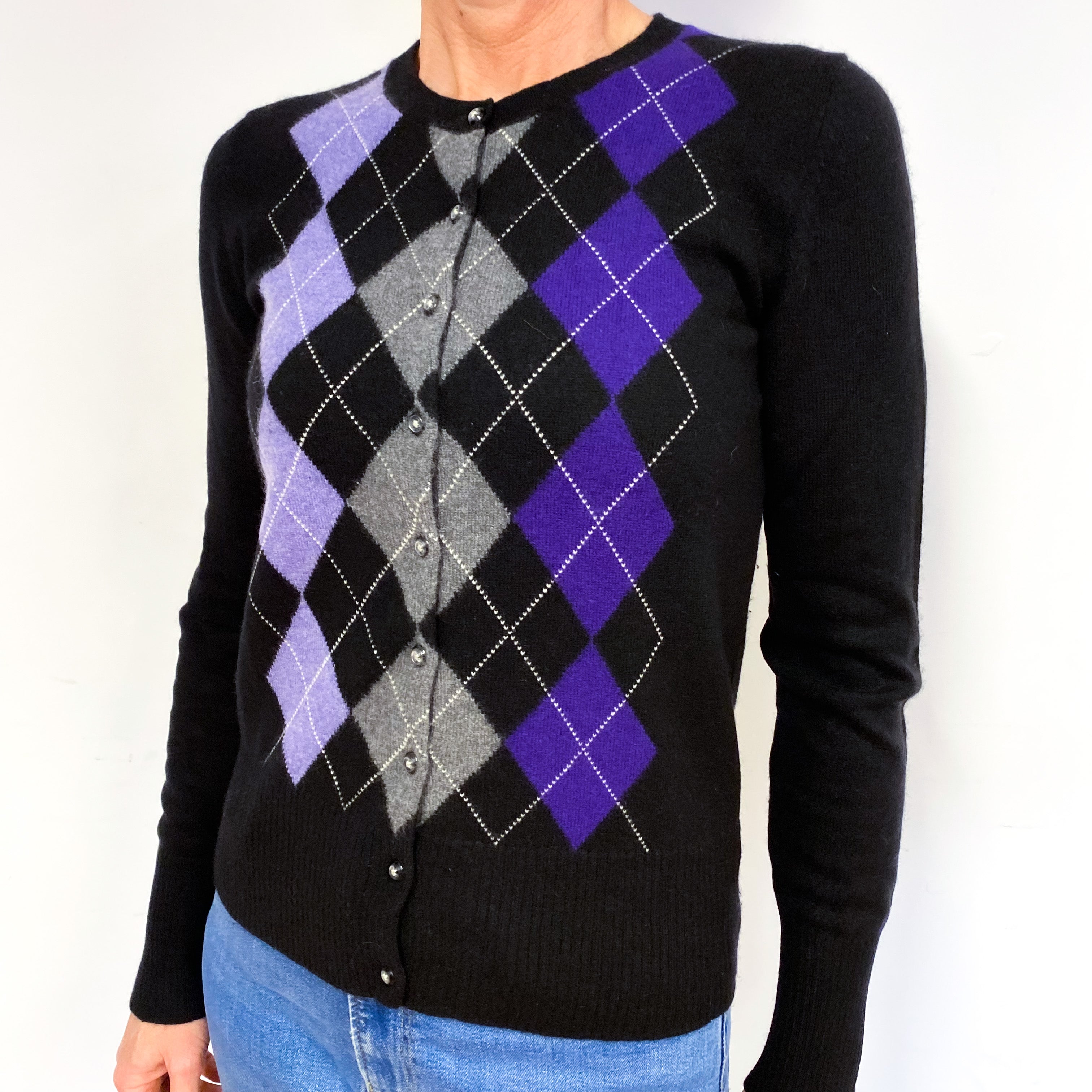 Black, Purple, Lilac And Grey Patterned Cashmere Cardigan Medium