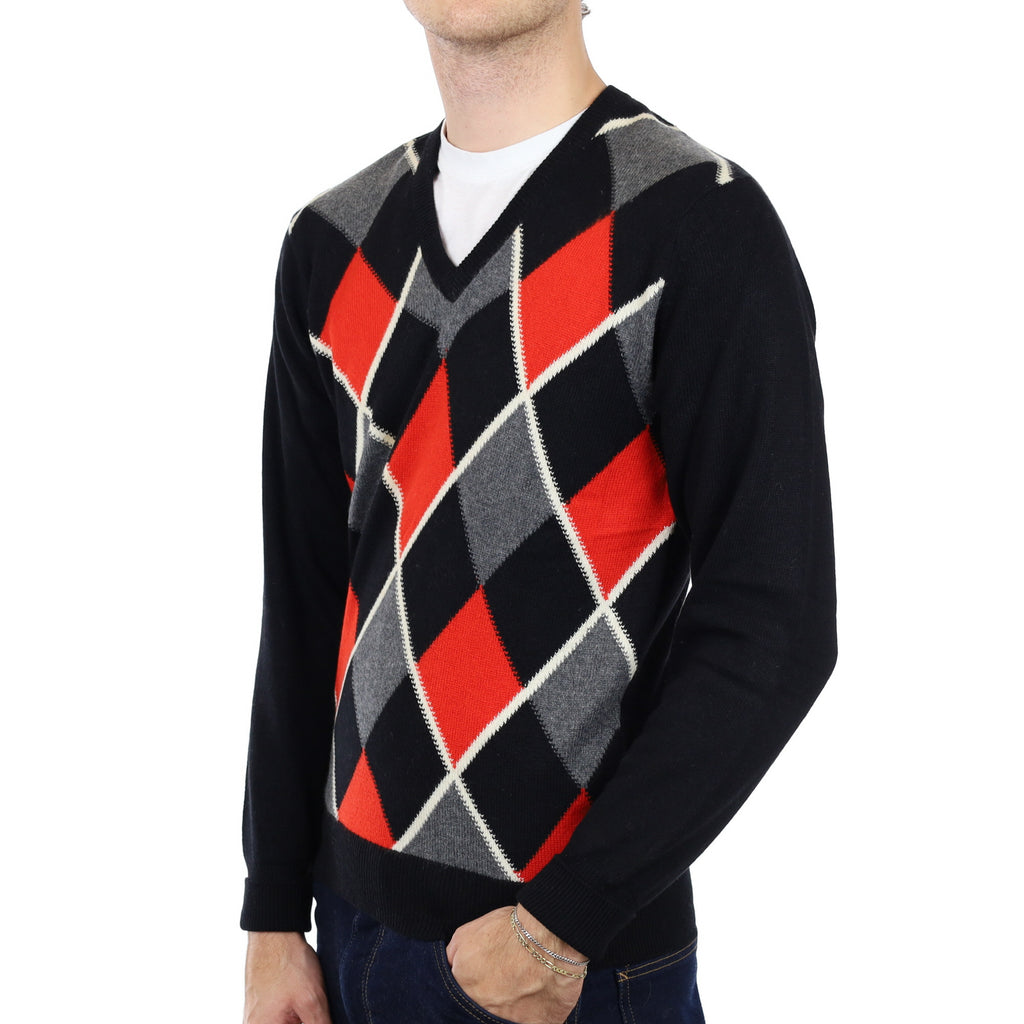 Men's Scottish Black Argyle Cashmere V Neck Jumper Medium