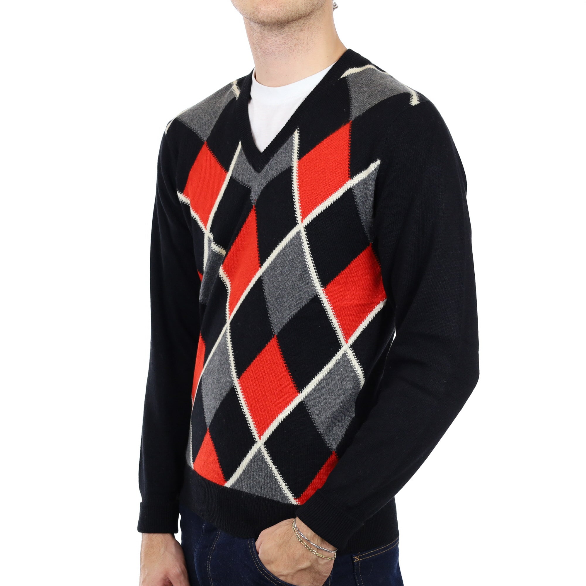 Men's Scottish Black Argyle Cashmere V Neck Jumper Medium