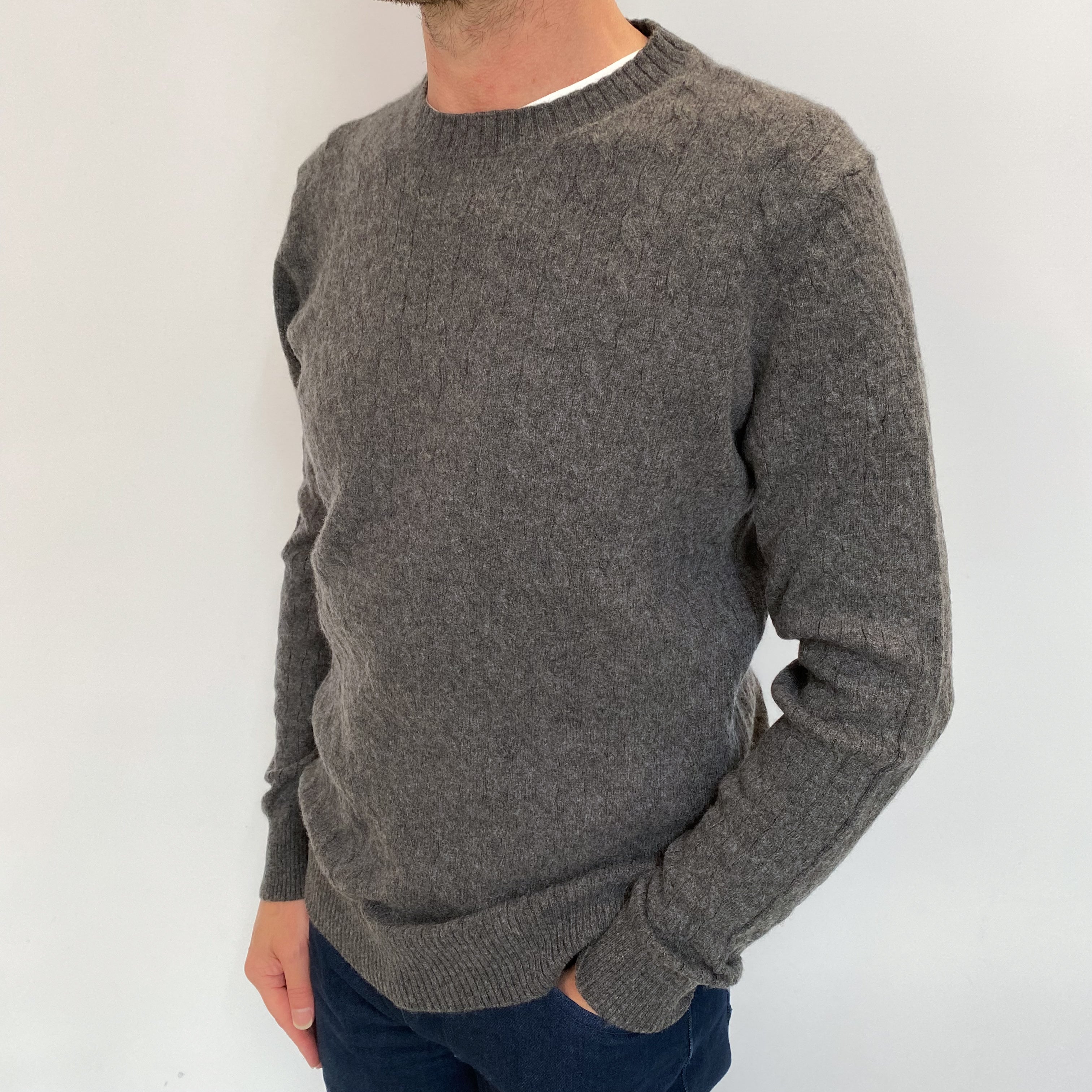 Men's Slate Grey Cashmere Crew Neck Jumper Small