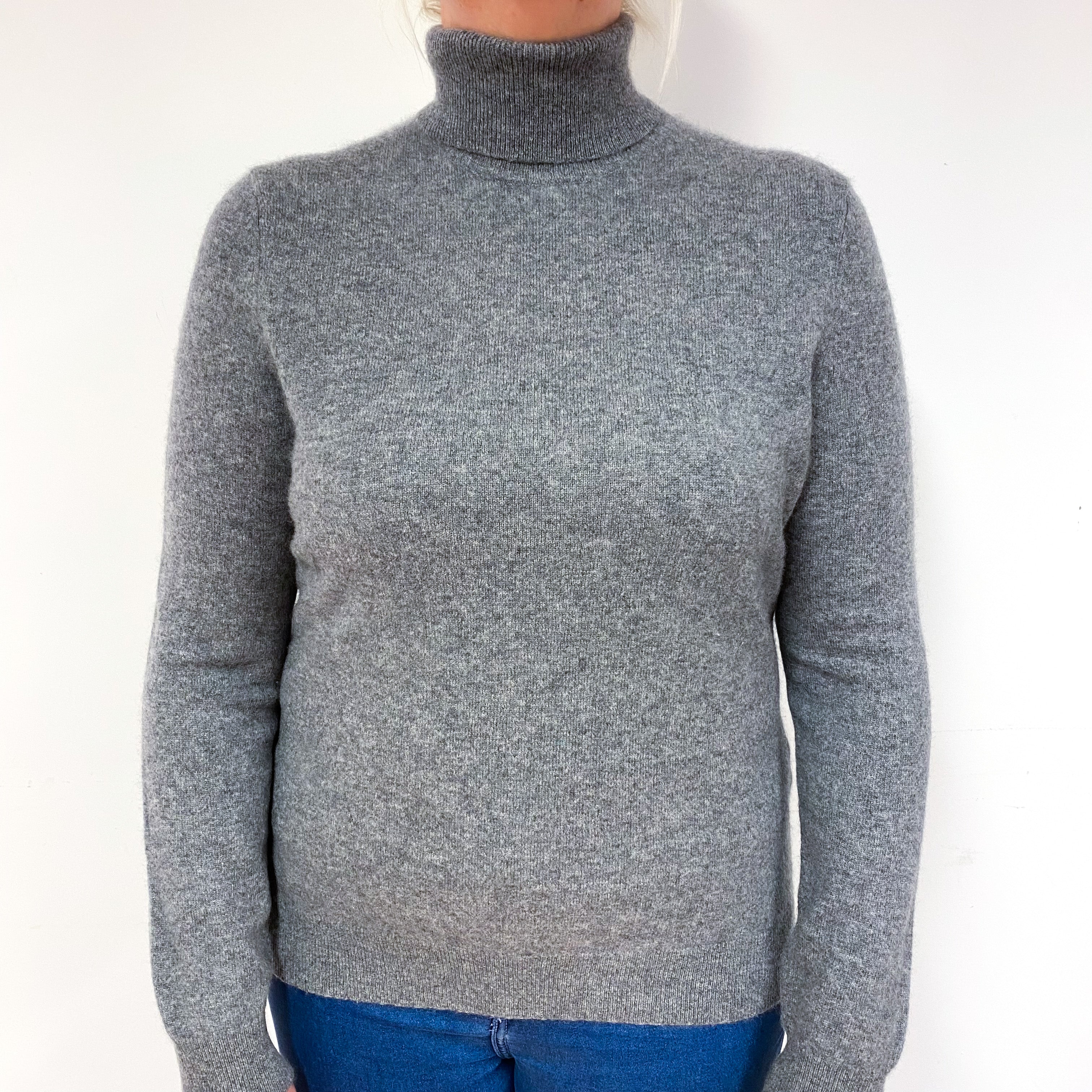 Ash Grey Cashmere Polo Neck Jumper Large
