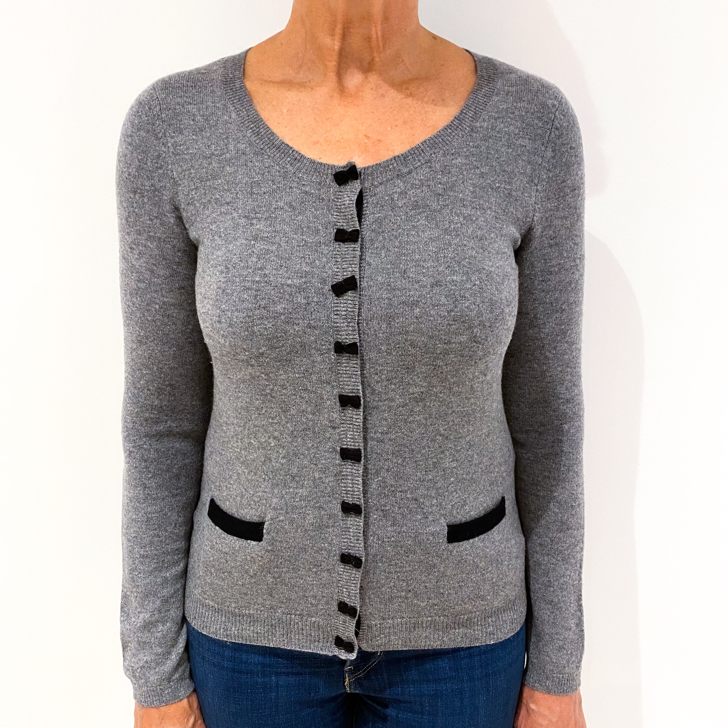 Ash Grey Black Bow Cashmere Crew Neck Cardigan Medium