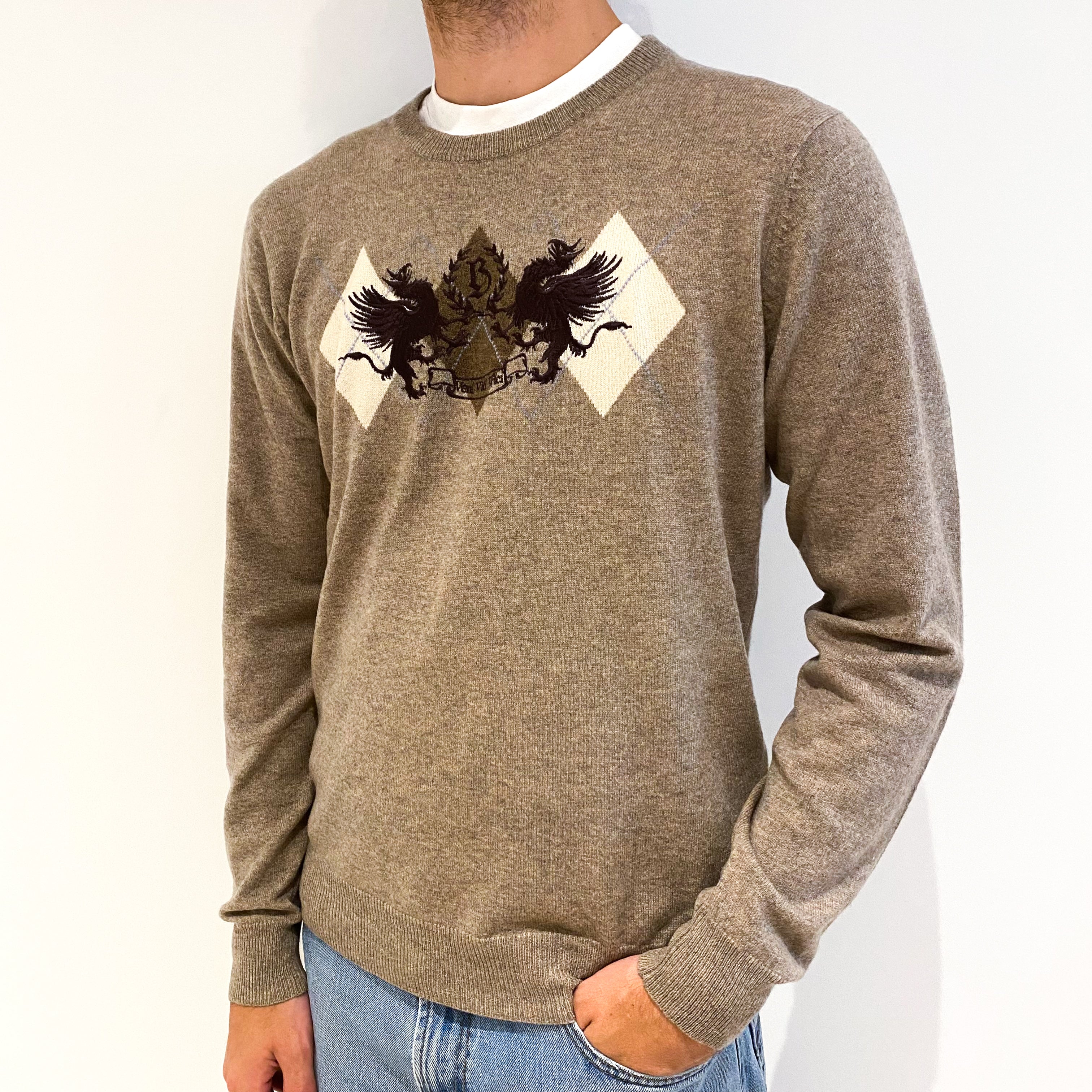Men's Mink Brown Dragon Motif Cashmere Crew Neck Jumper Medium