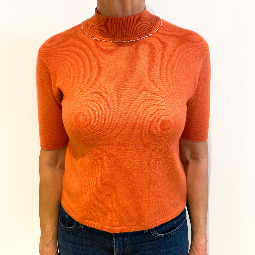 Crab Orange Cashmere Turtle Neck Short Sleeved Jumper Medium