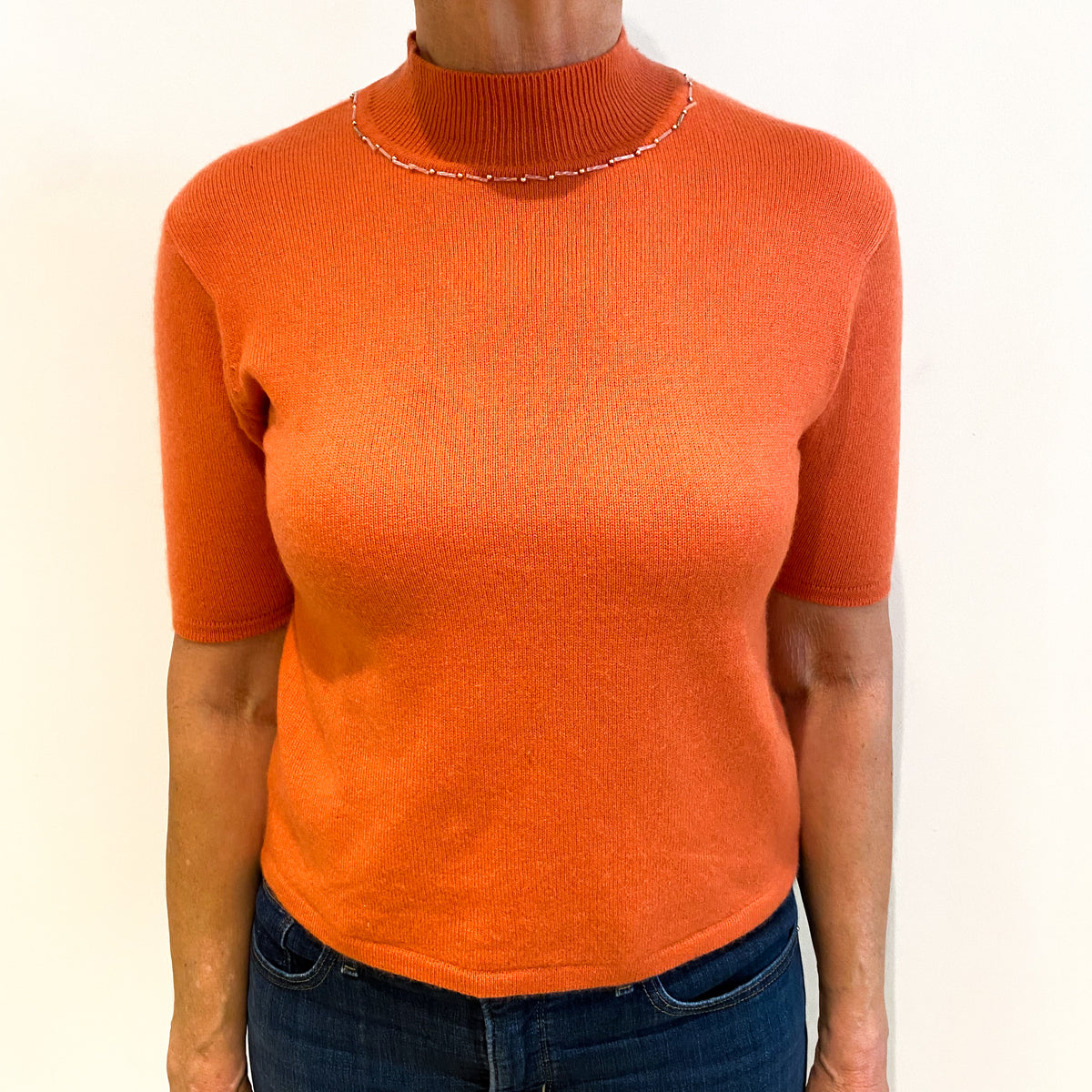 Crab Orange Cashmere Turtle Neck Short Sleeved Jumper Medium