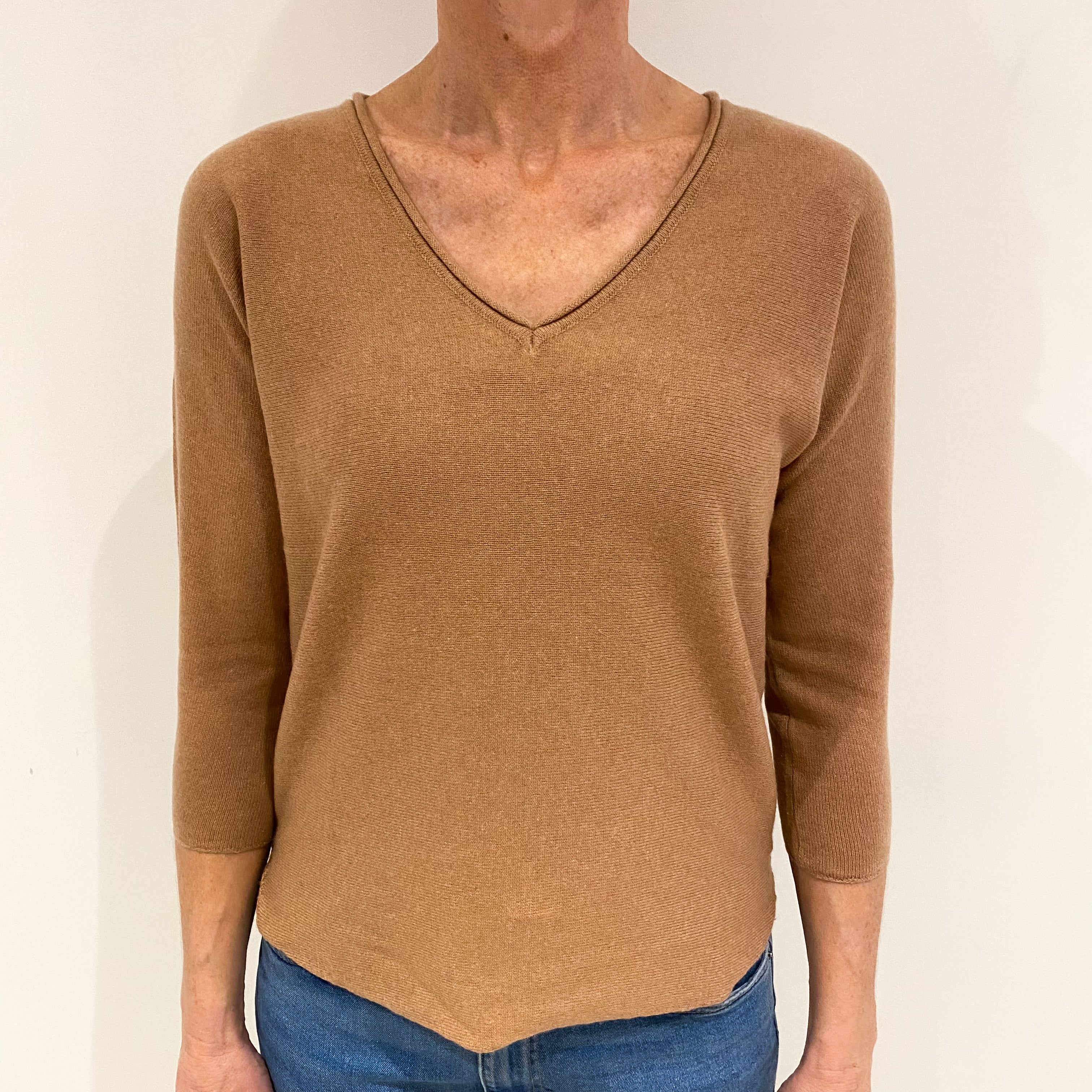 Caramel Brown Cashmere V Neck Jumper with Split Hem Small