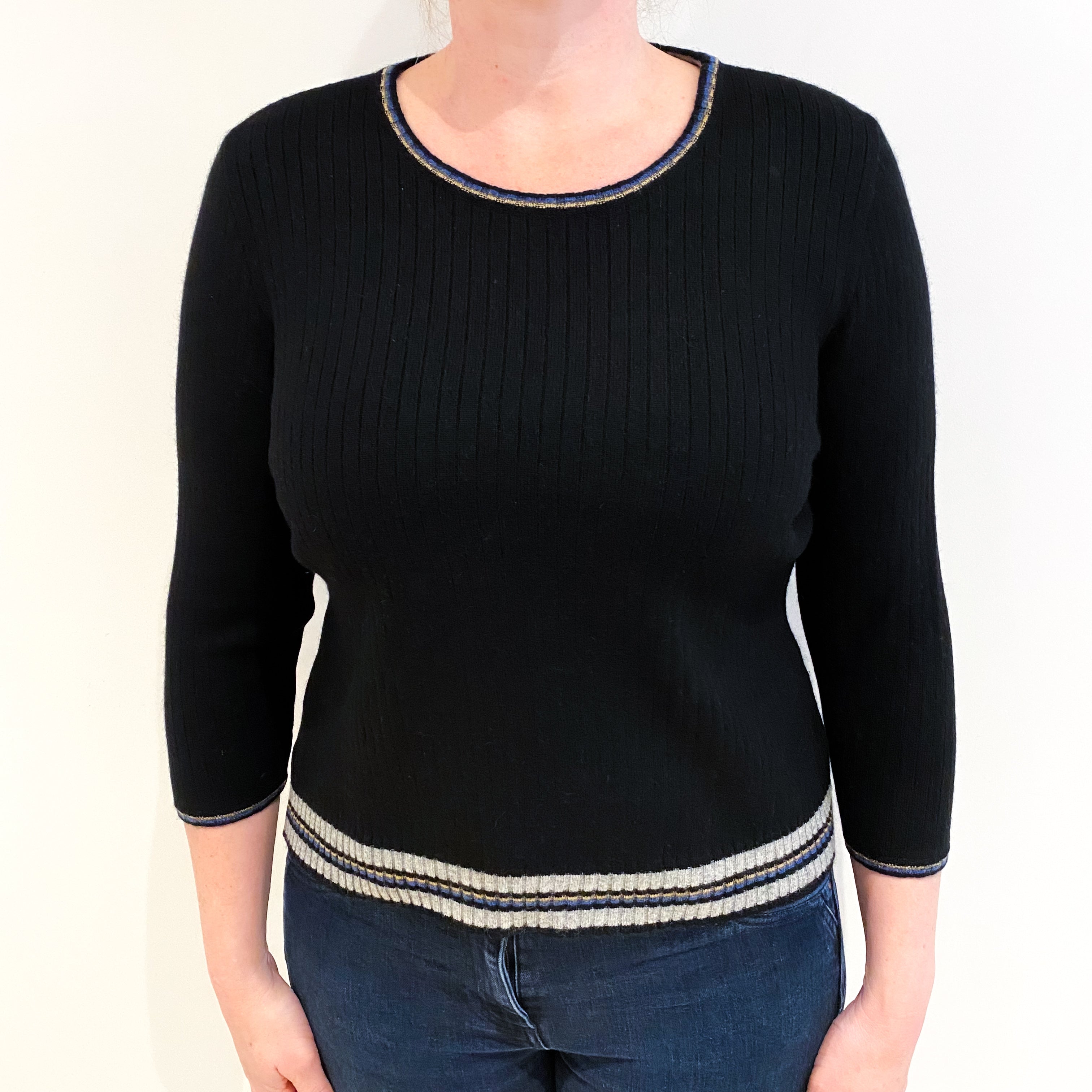 Black Cable With Stripe Hem Cashmere Crew Neck Jumper Large