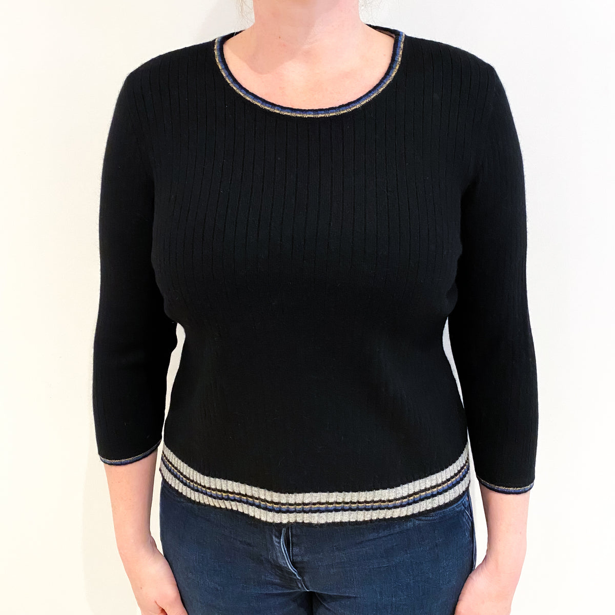 Black Cable With Stripe Hem Cashmere Crew Neck Jumper Large