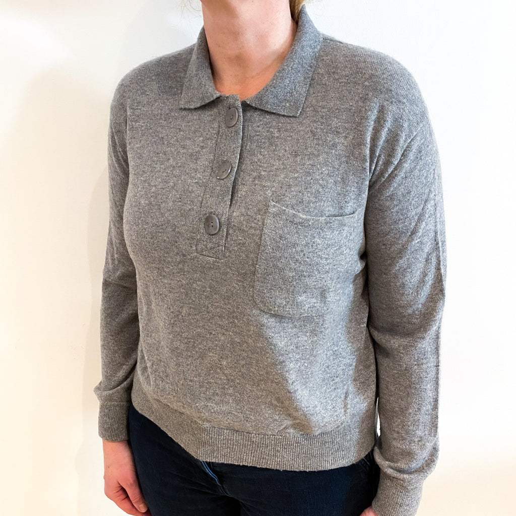 Ash Grey Cashmere Collared 1/4 Button Jumper Large