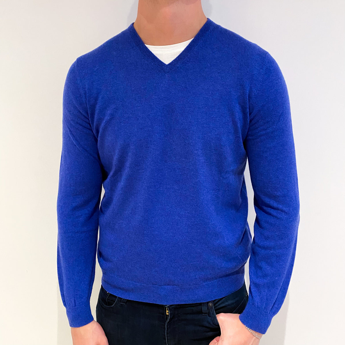 Men's Indigo Blue Cashmere V Neck Jumper XL