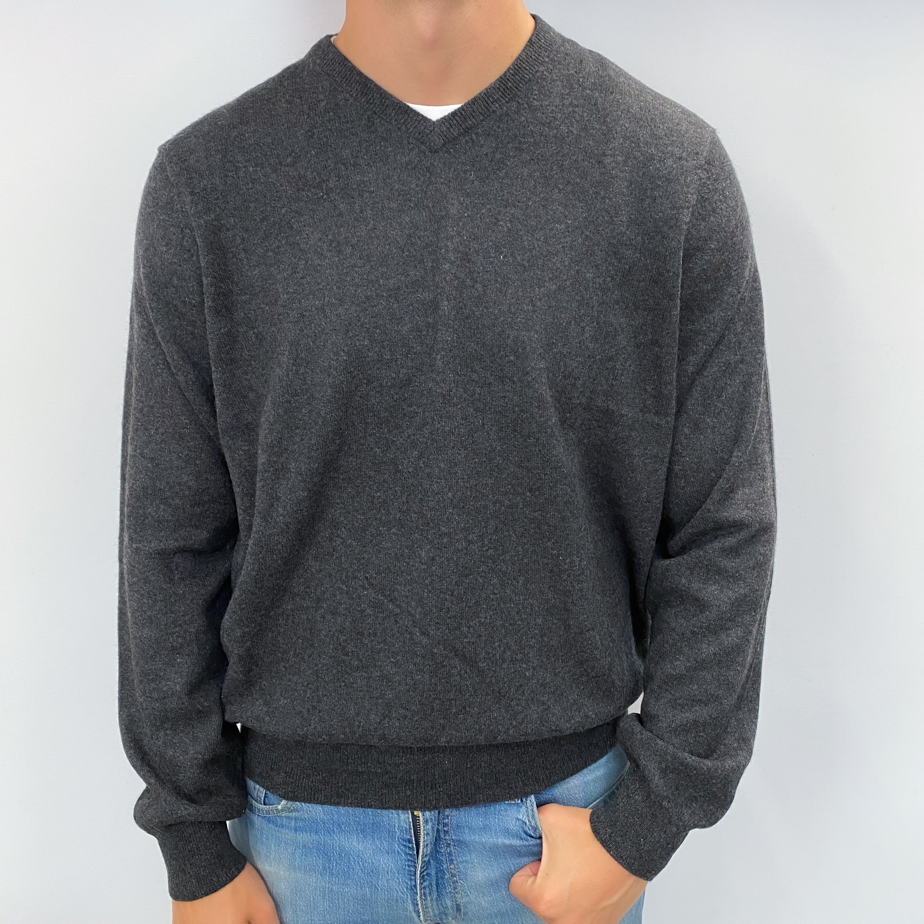 Men's Slate Grey Cashmere V Neck Jumper XXL