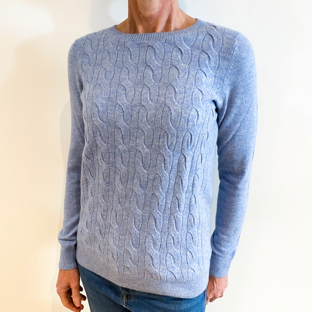 Sky Blue Cable Front Cashmere Crew Neck Jumper Small