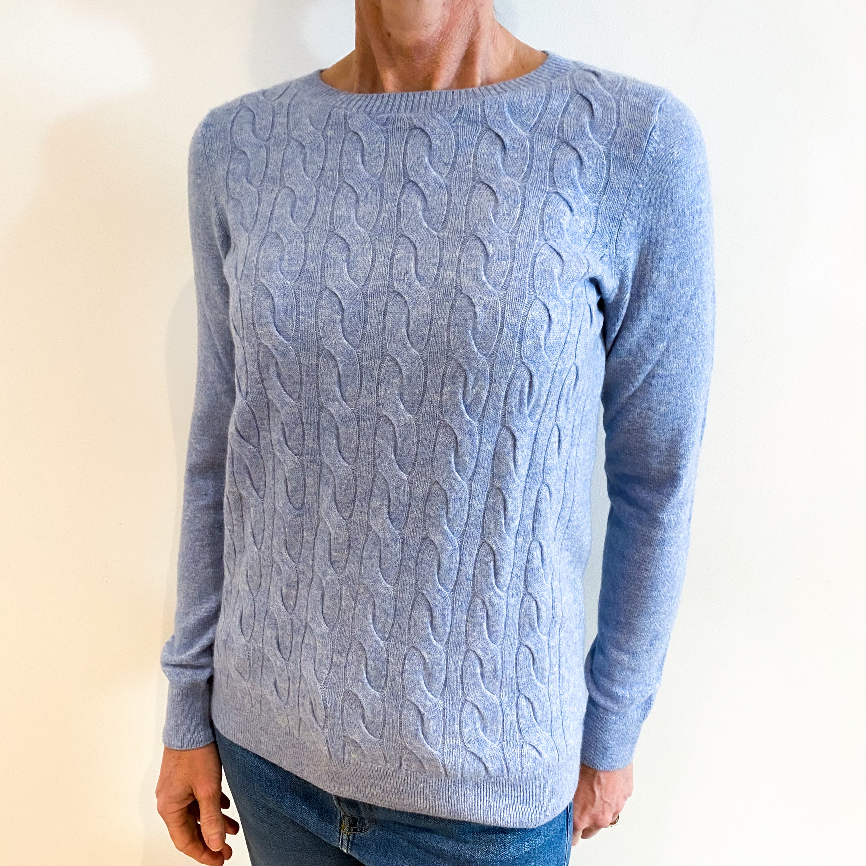 Sky Blue Cable Front Cashmere Crew Neck Jumper Small