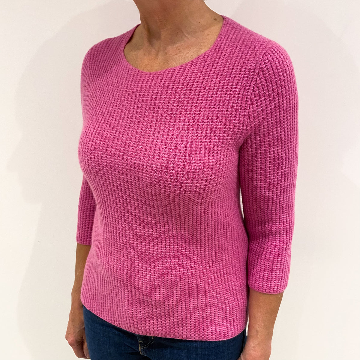 Sweet Pea Pink Waffle Knit Cashmere Scoop Neck Jumper Medium