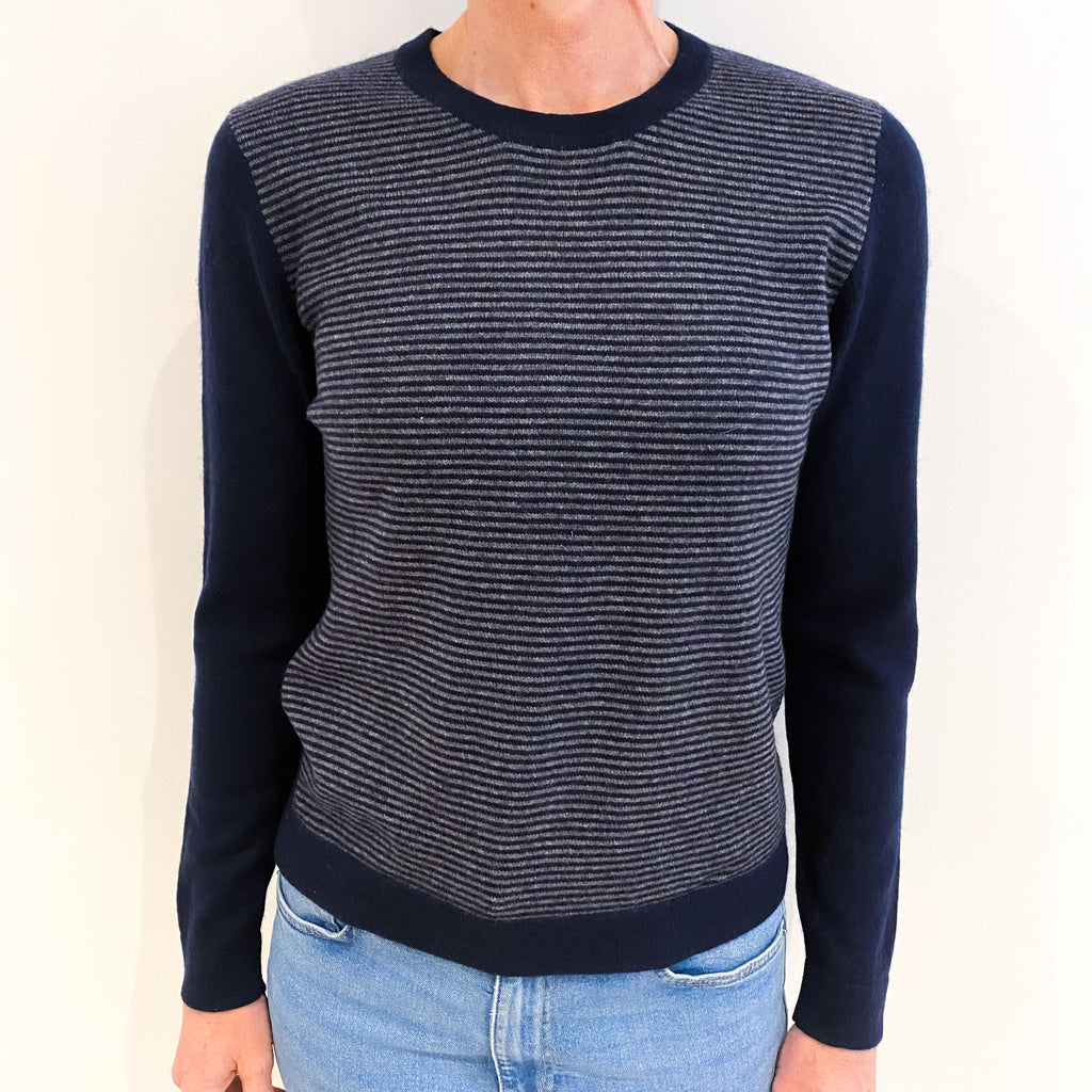 Navy Grey Stripe Cashmere Crew Neck Jumper Small