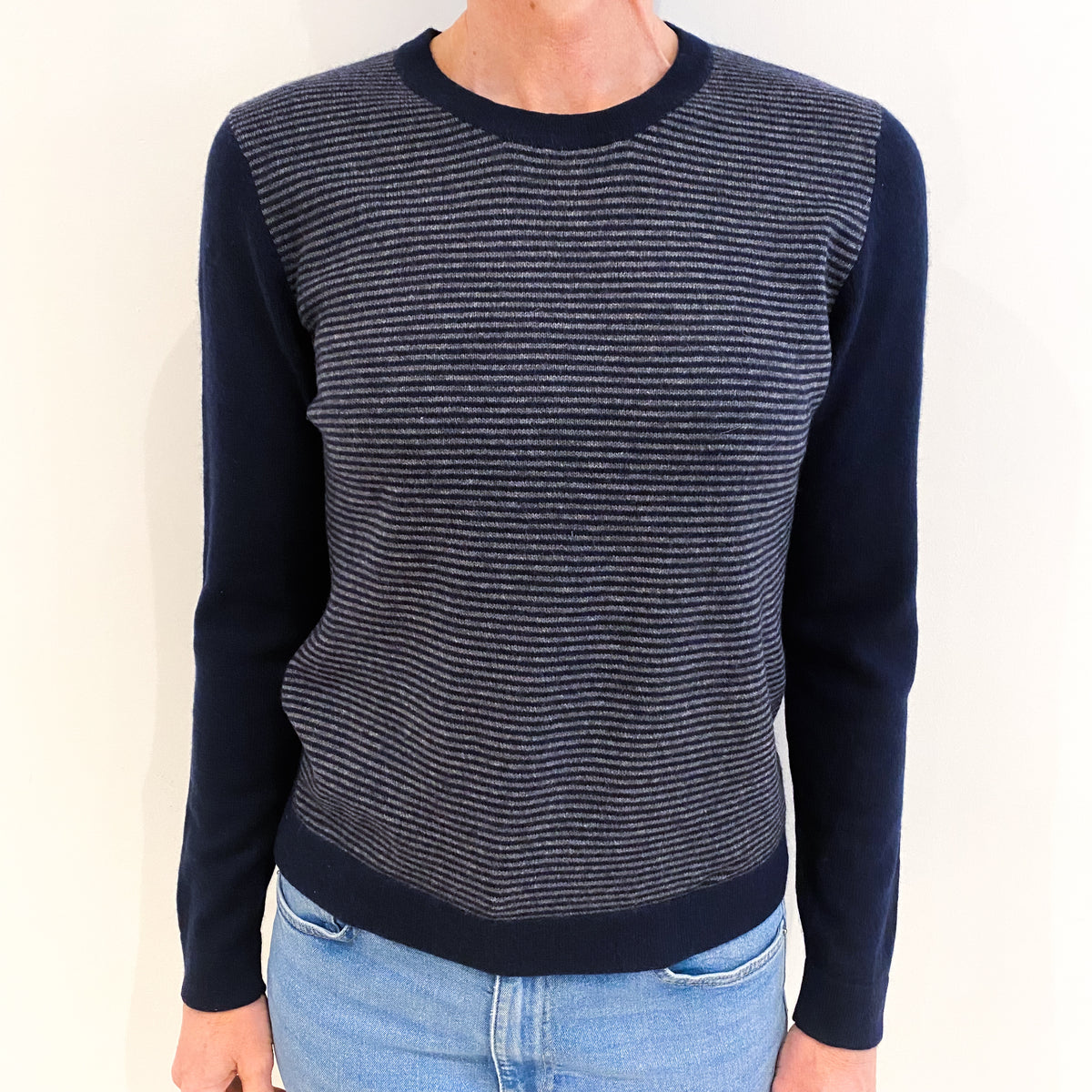 Navy Grey Stripe Cashmere Crew Neck Jumper Small