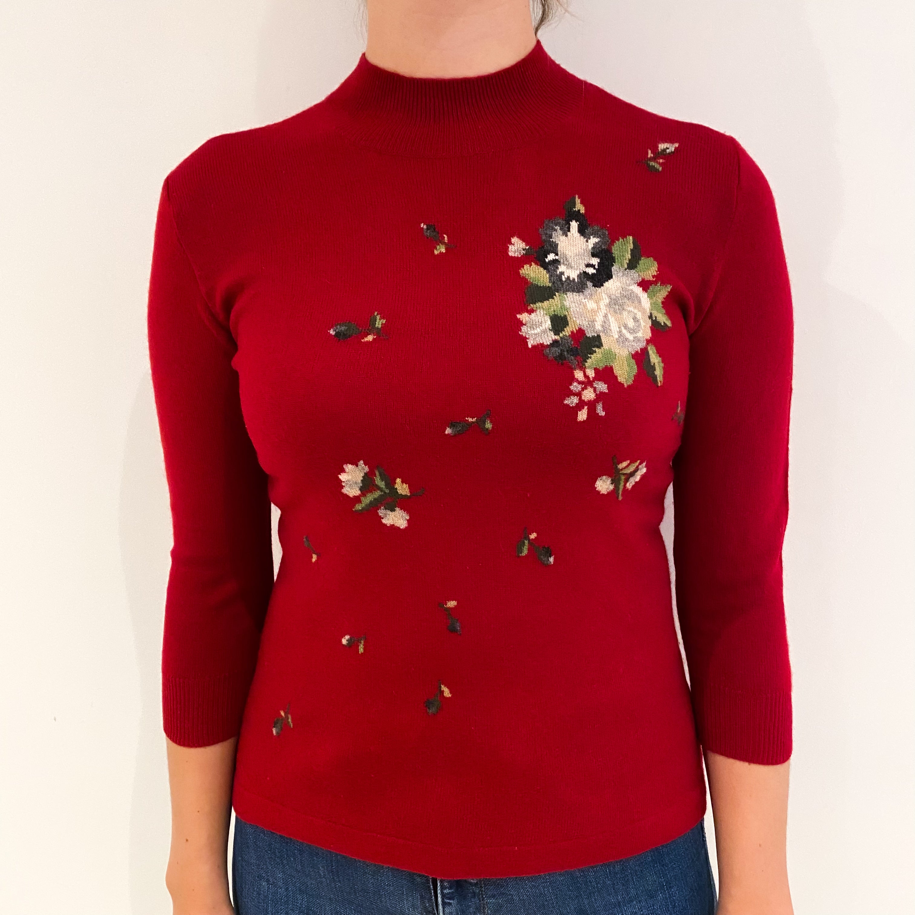 Crimson Red Floral Cashmere Turtle Neck Jumper Small