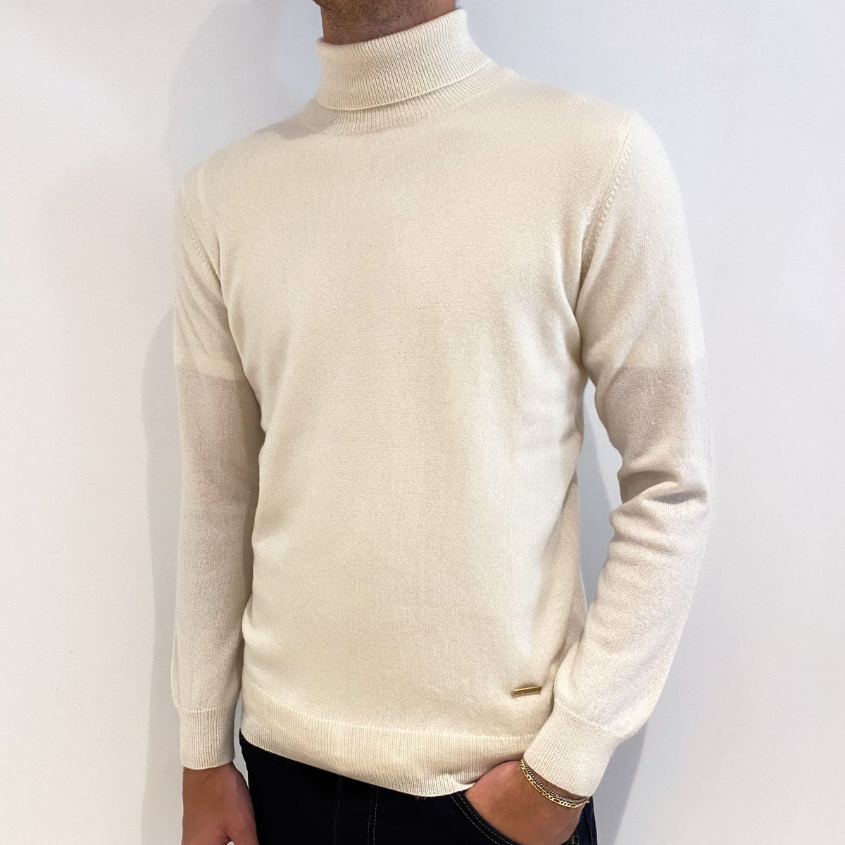 Men's Ivory Cashmere Polo Neck Jumper Medium