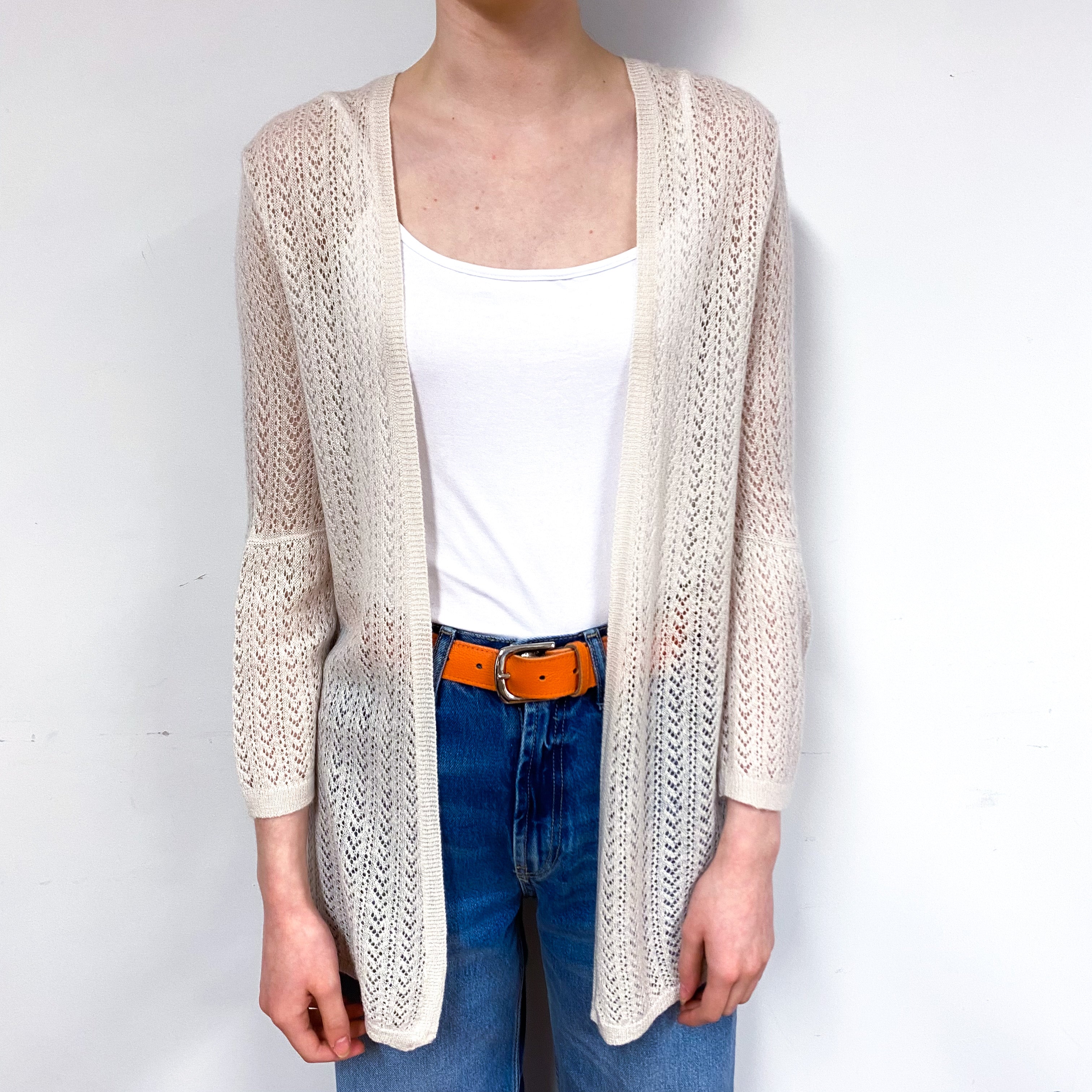 Ivory Cream Lace Knit Cashmere Edge to Edge Cardigan Extra Small