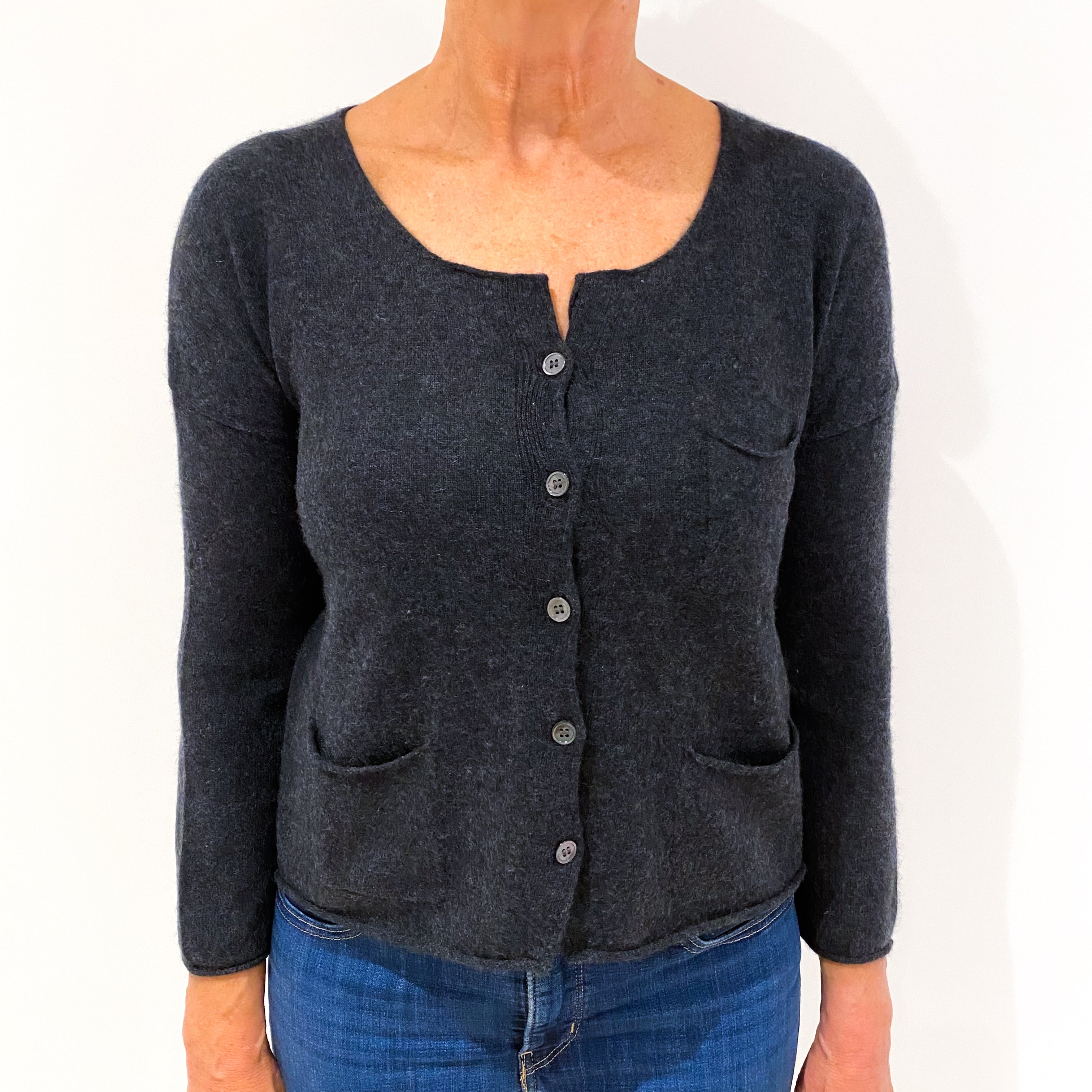 Charcoal Grey Cashmere Crew Neck Cardigan Medium