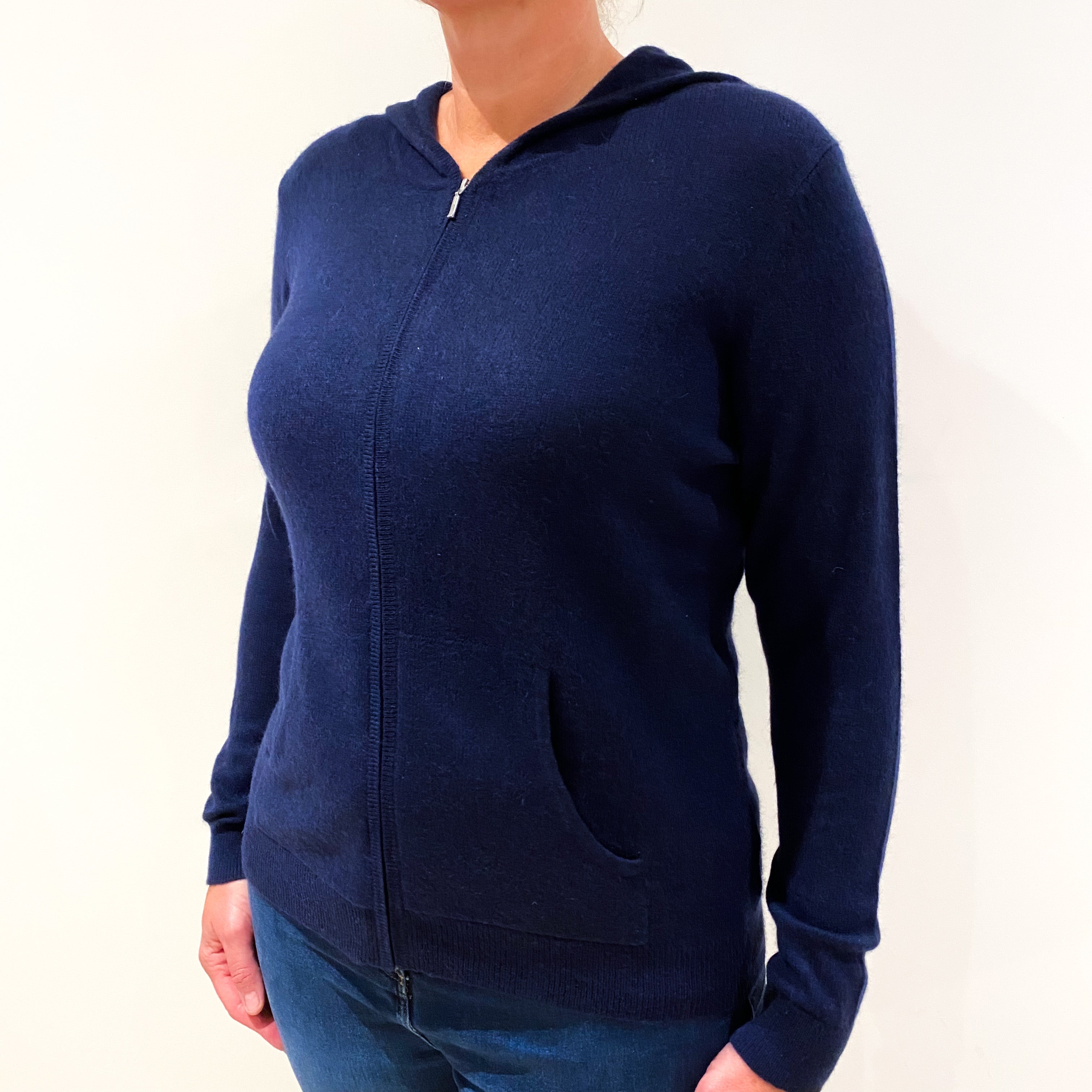 Navy Blue Zip Up Cashmere Hooded Jumper Large