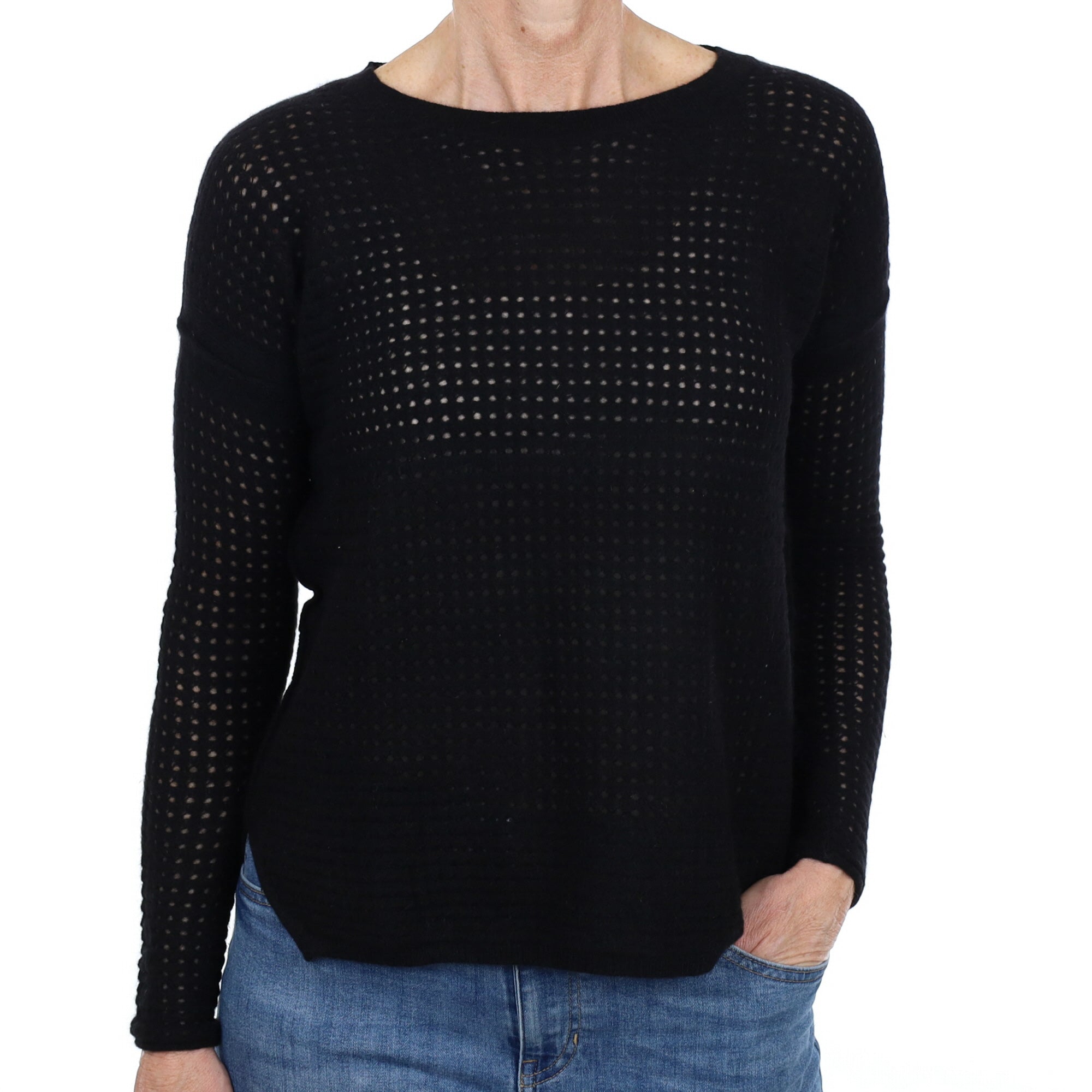 Black Fishnet Knit Cashmere Crew Neck Jumper Small