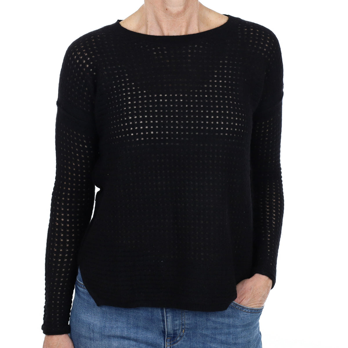 Black Fishnet Knit Cashmere Crew Neck Jumper Small