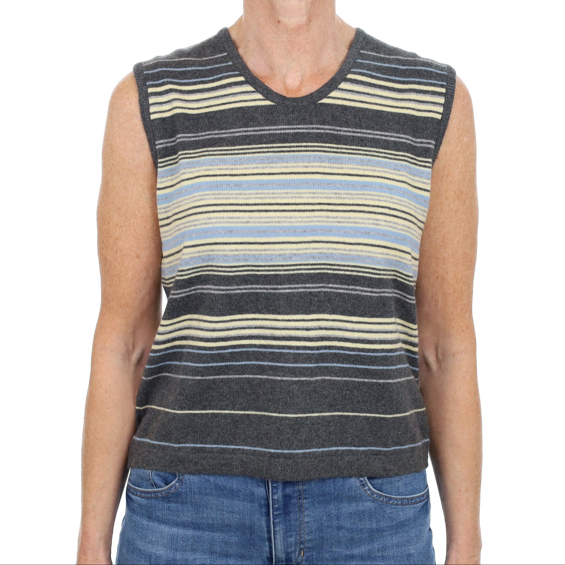 Slate Grey Striped Cashmere V Neck Sleeveless Jumper Small