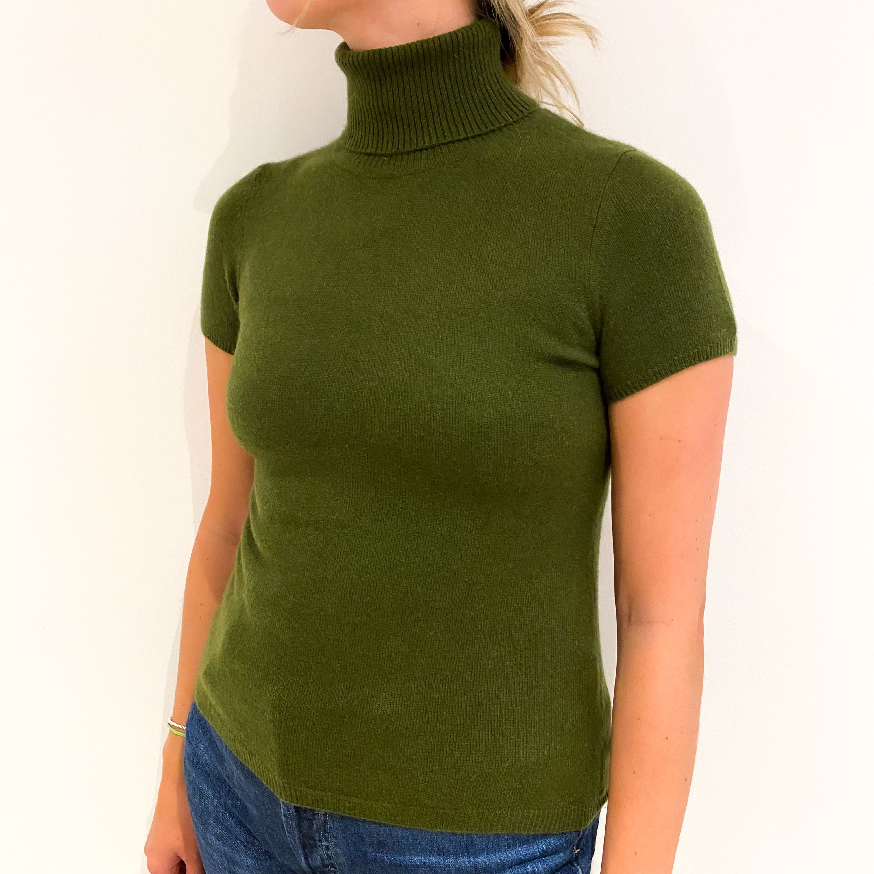 Moss Green Short Sleeved Cashmere Polo Neck Jumper Small