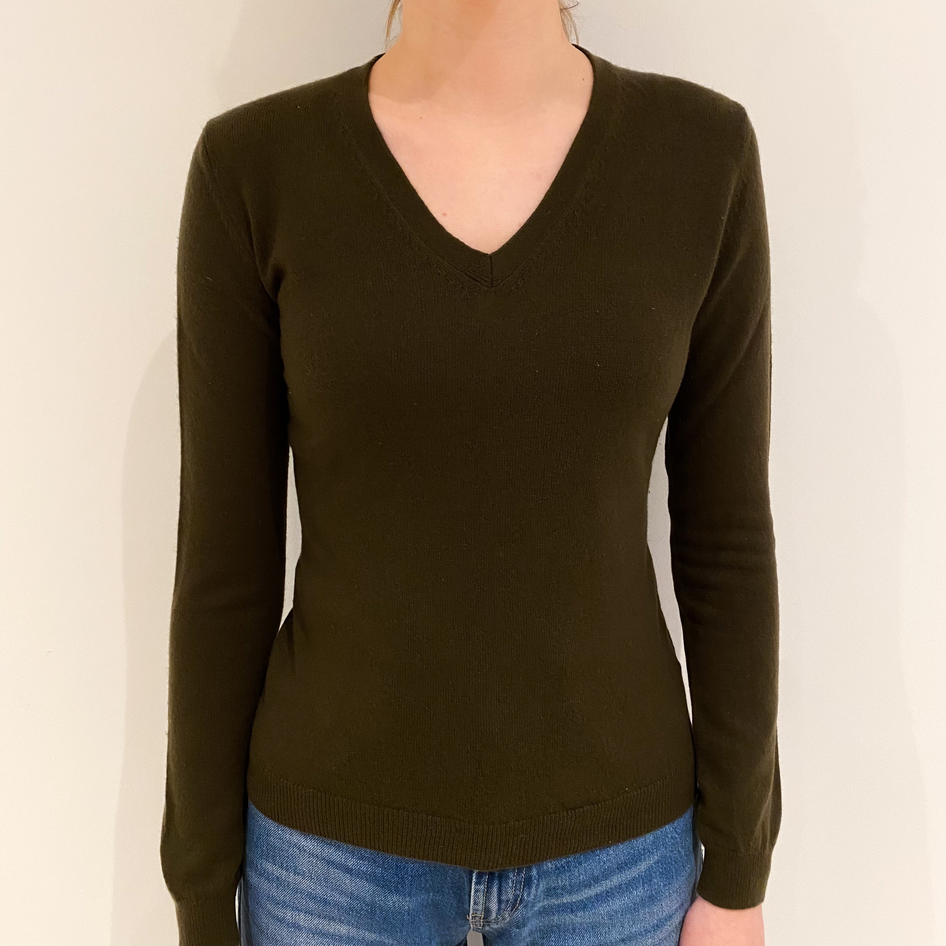 Deep Khaki Brown Cashmere V Neck Jumper Extra Small