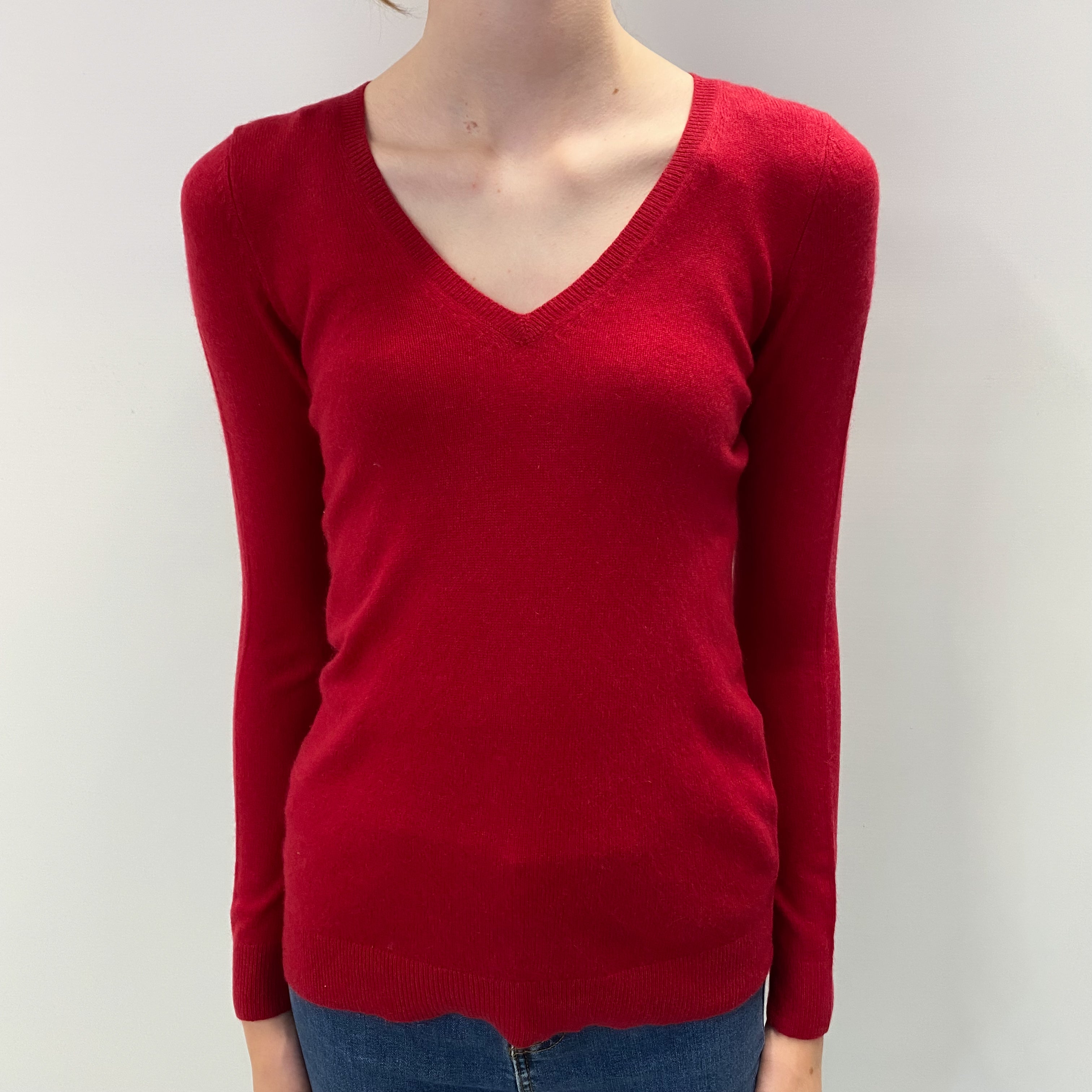 Post Box Red Cashmere V Neck Jumper Extra Small