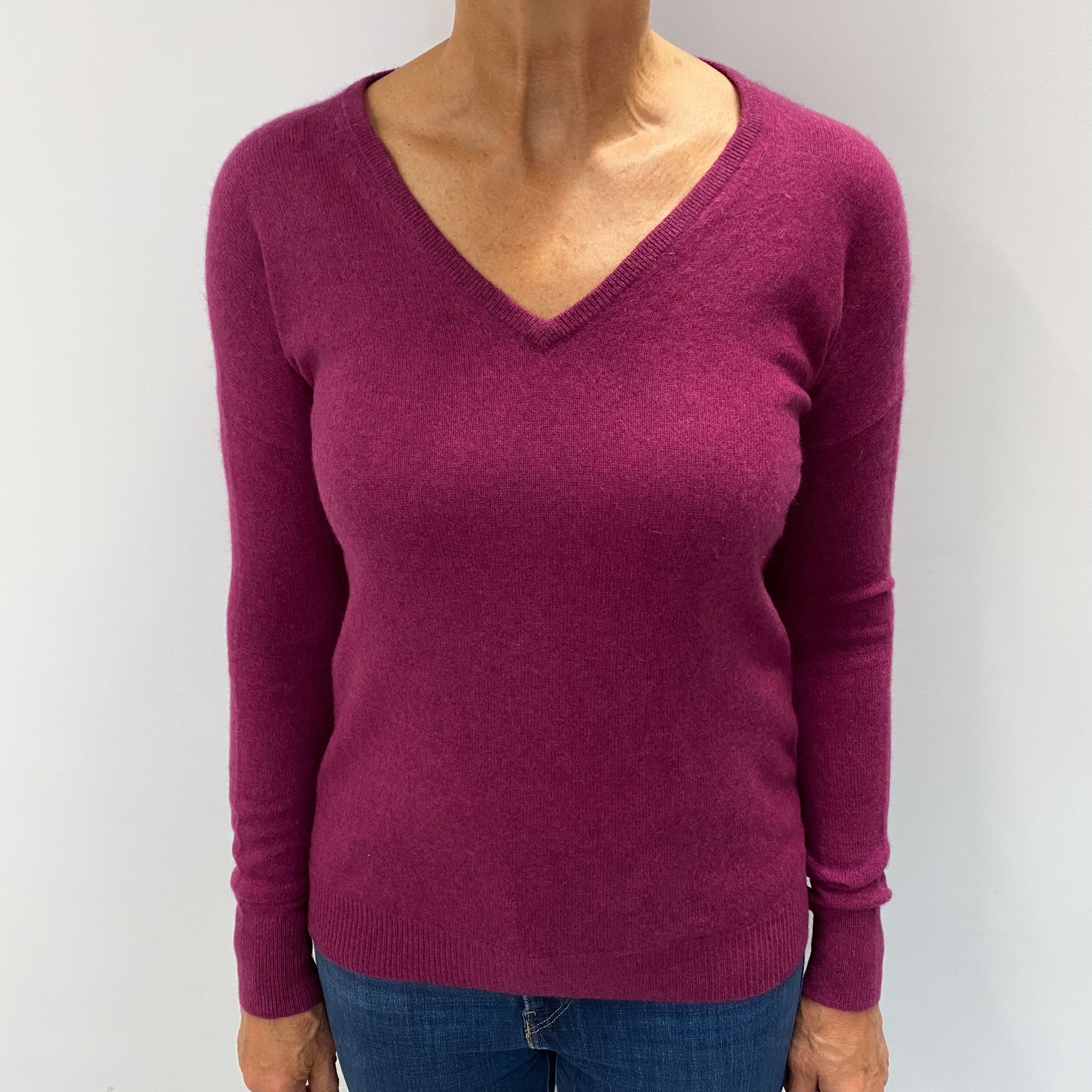 Deep Heather Purple Cashmere V Neck Jumper Medium